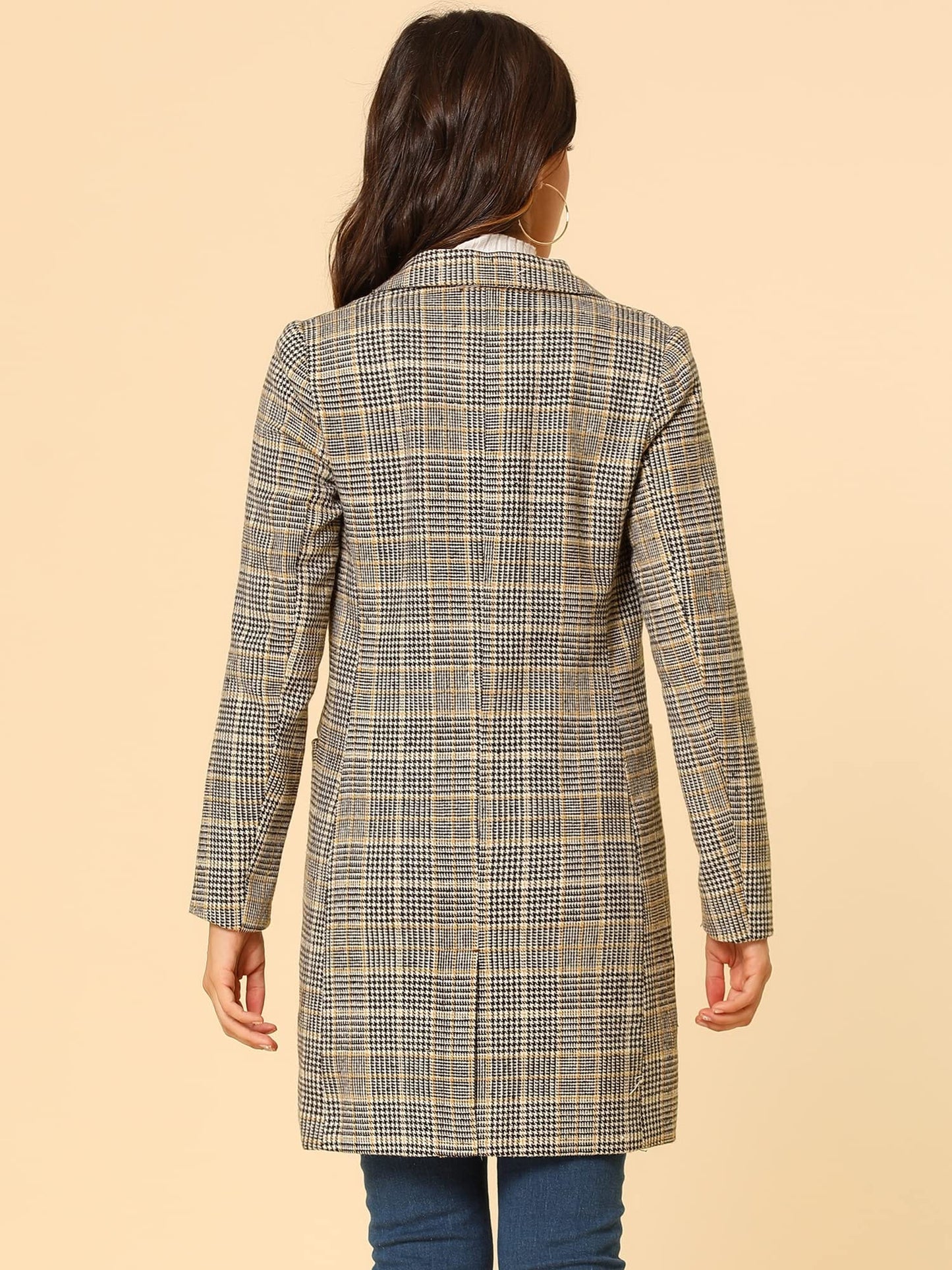 Allegra K Women's Double Breasted Notched Lapel Plaid Trench Blazer Coat