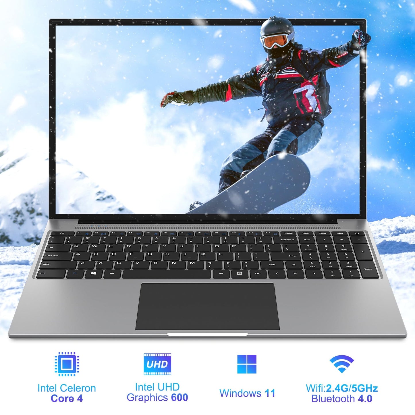 Ordinateur portable jumper, écran 16 pouces FHD IPS 16:10, processeur Intel Celeron Quad Core, 4 Go de RAM LPDDR4 128 Go de stockage, Office 365 abonnement d'un an, ordinateur portable avec pavé numérique, 4 haut-parleurs stéréo, WiFi. 