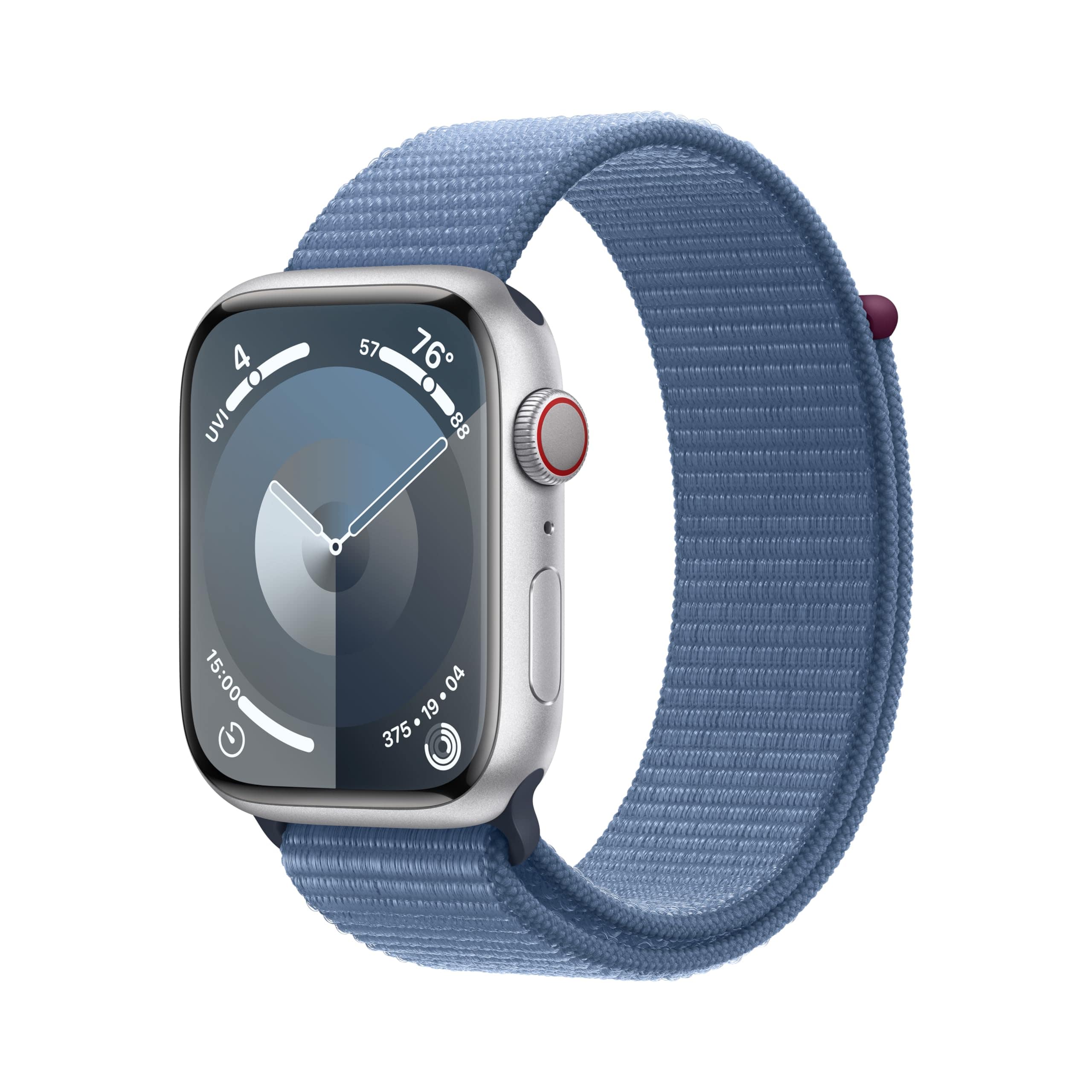 Reloj inteligente Apple Watch Series 9 [GPS + Cellular 45 mm] con caja de aluminio plateada y correa deportiva azul invierno. Monitor de actividad física, aplicaciones de ECG, pantalla Retina siempre activa, carbono neutro 