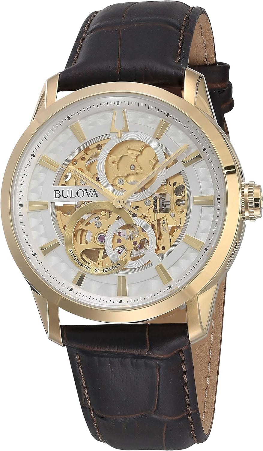 Bulova Men's Classic Sutton Automatic Skeleton Dial Brown Leather Strap Watch | 43mm | 97A138