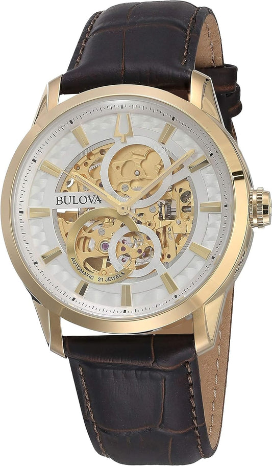 Bulova Men's Classic Sutton Automatic Skeleton Dial Brown Leather Strap Watch | 43mm | 97A138