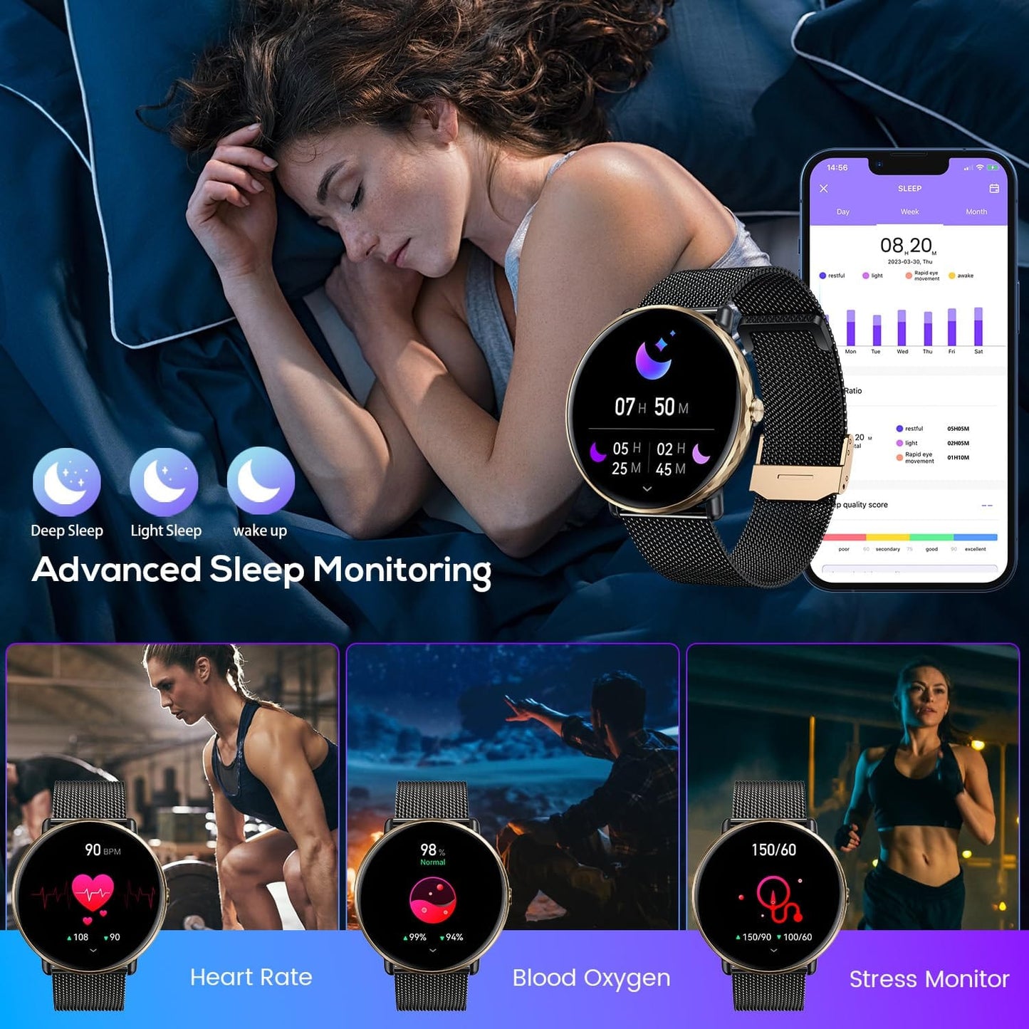 Montre intelligente pour hommes et femmes, téléphones Android iOS : montres intelligentes, tracker d'activité avec écran tactile AMOLED de 1,43", étanche, pression artérielle, fréquence cardiaque, pas automatique, minuteur de sport, alarme, podomètre. 