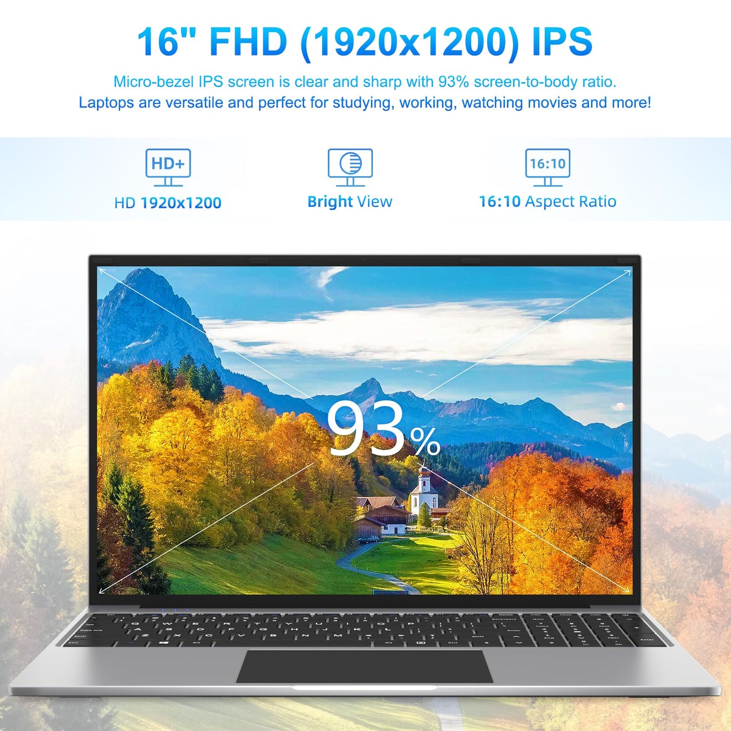 jumper Laptop, 16 pulgadas, computadora portátil con 16GB DDR5 RAM 512GB SSD, CPU Intel N100, pantalla FHD IPS 1920x1200, 4 parlantes estéreo, Mini HDMi, sistema de enfriamiento, teclado numérico, WiFi 2.4G+5G, BT4.0. 