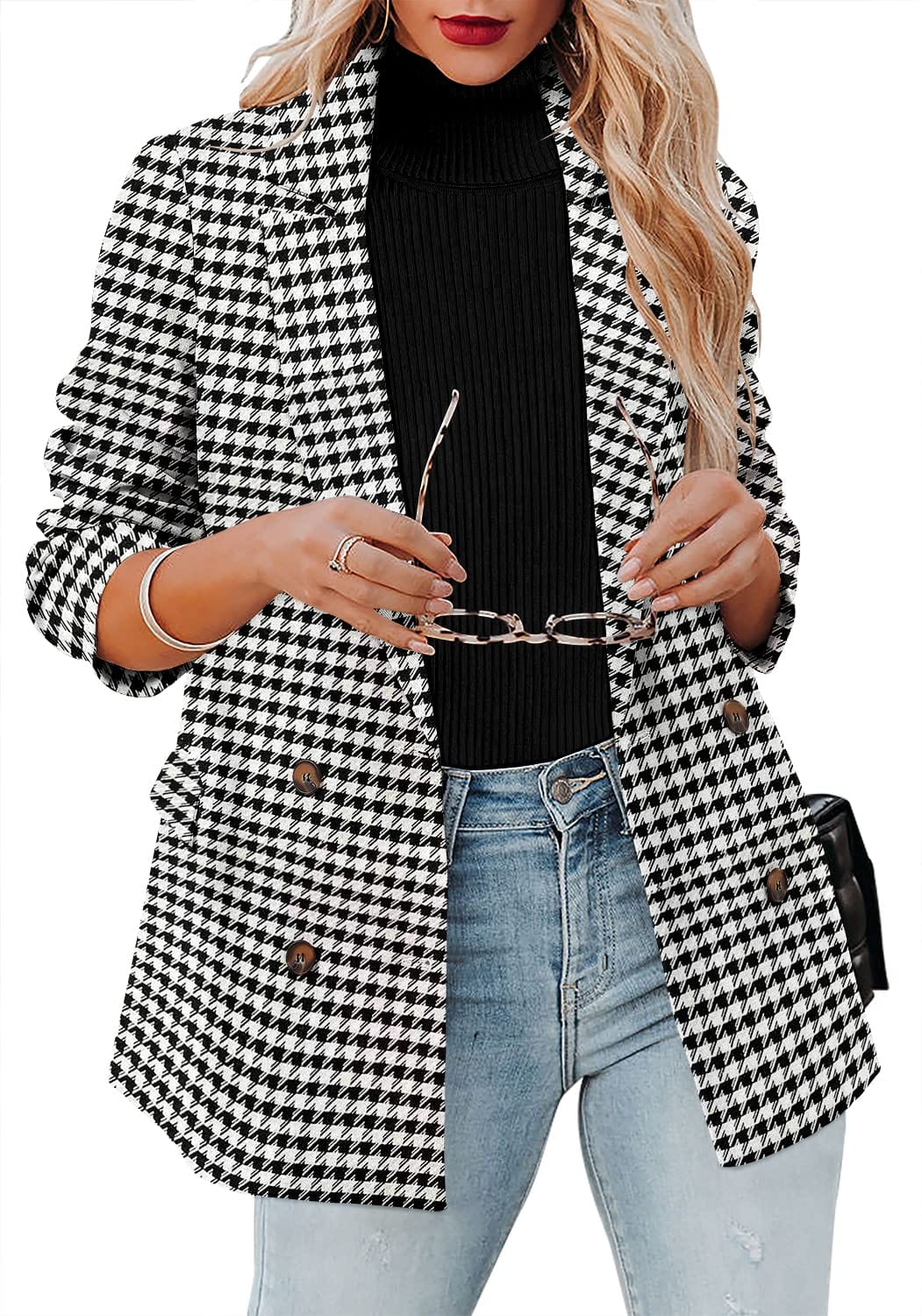 CRAZY GRID Chaqueta casual para mujer, de manga larga, con frente abierto, para trabajo, oficina, chaqueta con botones de solapa