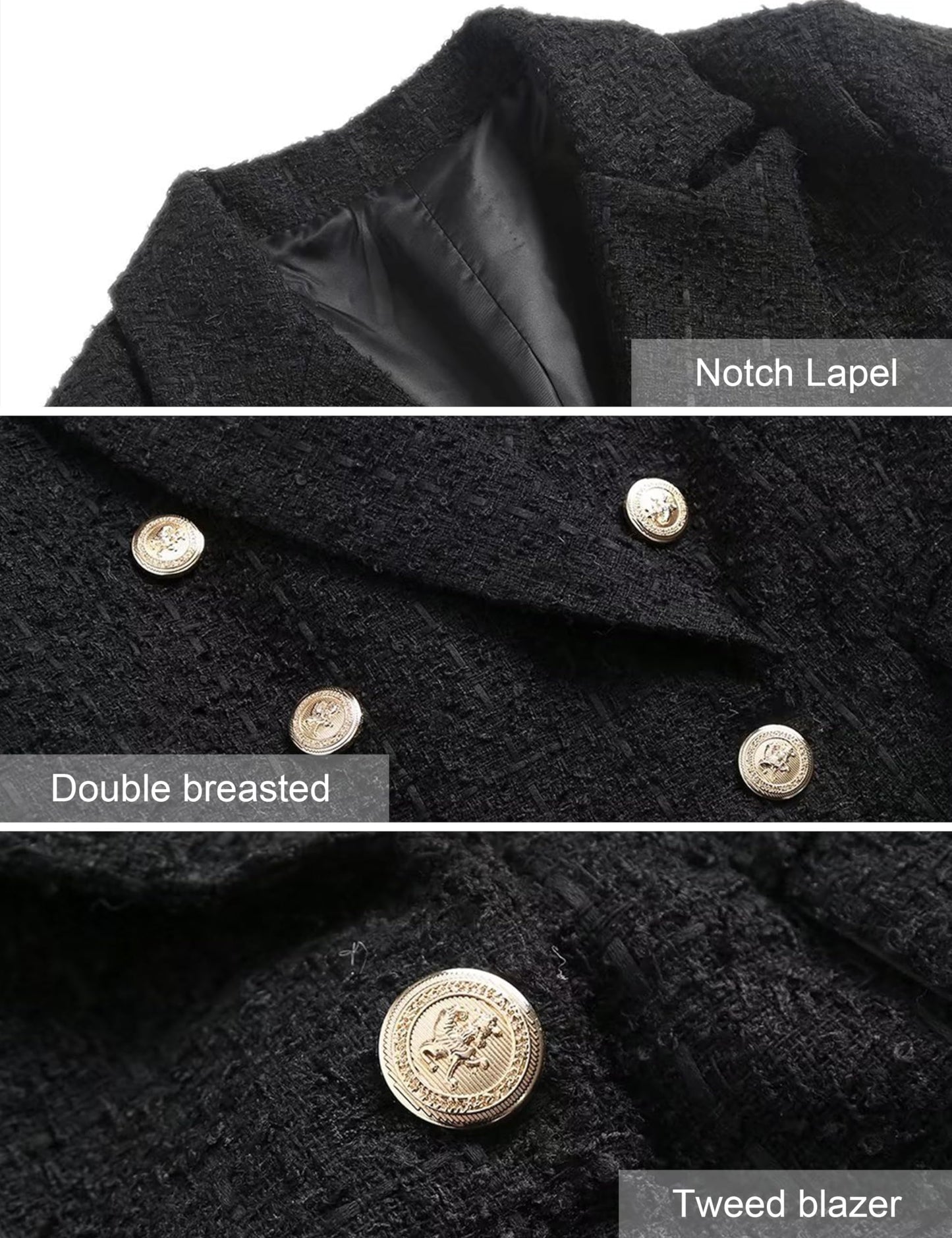 Rixiland Tweed Blazers Jackets for Women Double Breasted Lapel Long Sleeve Office Casual Blazer