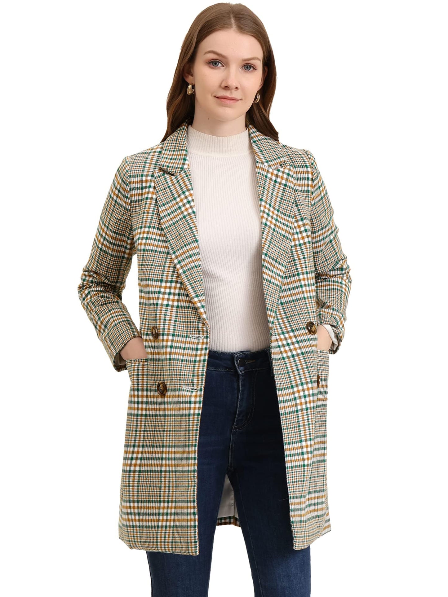 Allegra K Women's Double Breasted Notched Lapel Plaid Trench Blazer Coat