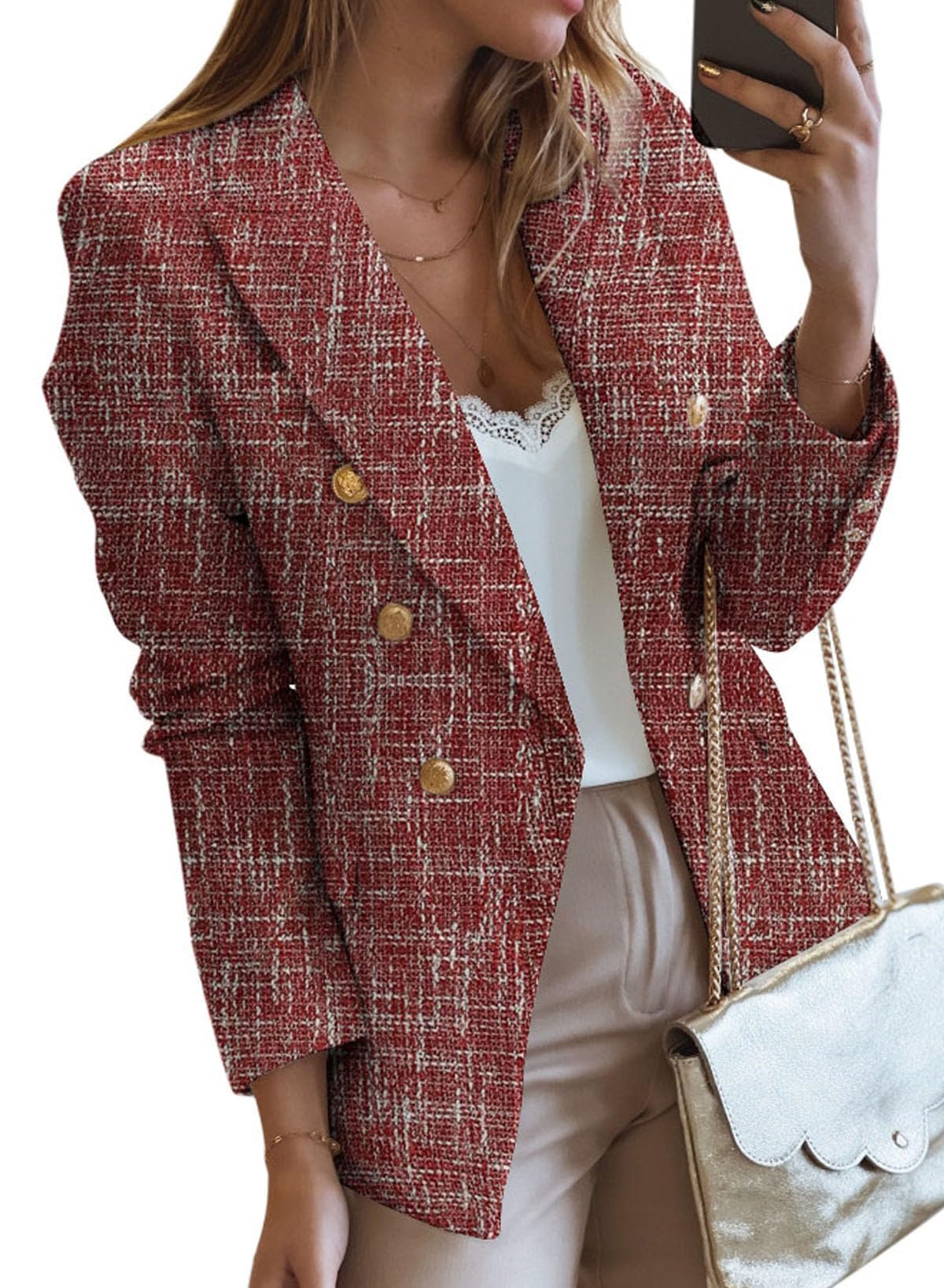 Happy Sailed Blazers de Tweed para Mujer Casual Manga Larga Doble Botonadura Frente Abierto Blazer Chaquetas Trajes de Trabajo 