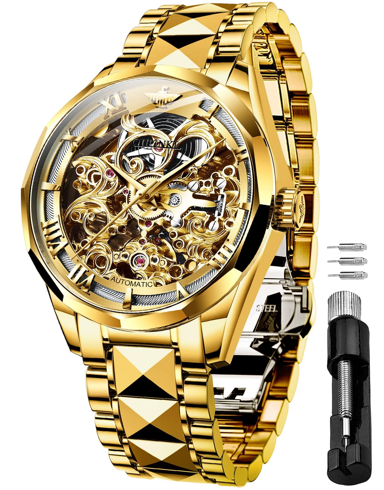 OUPINKE Men's Skeleton Mechanical Watches Luxury Dress Automatic Self Winding Sapphire Crystal Waterproof Tungsten Steel Band Wrist Watches