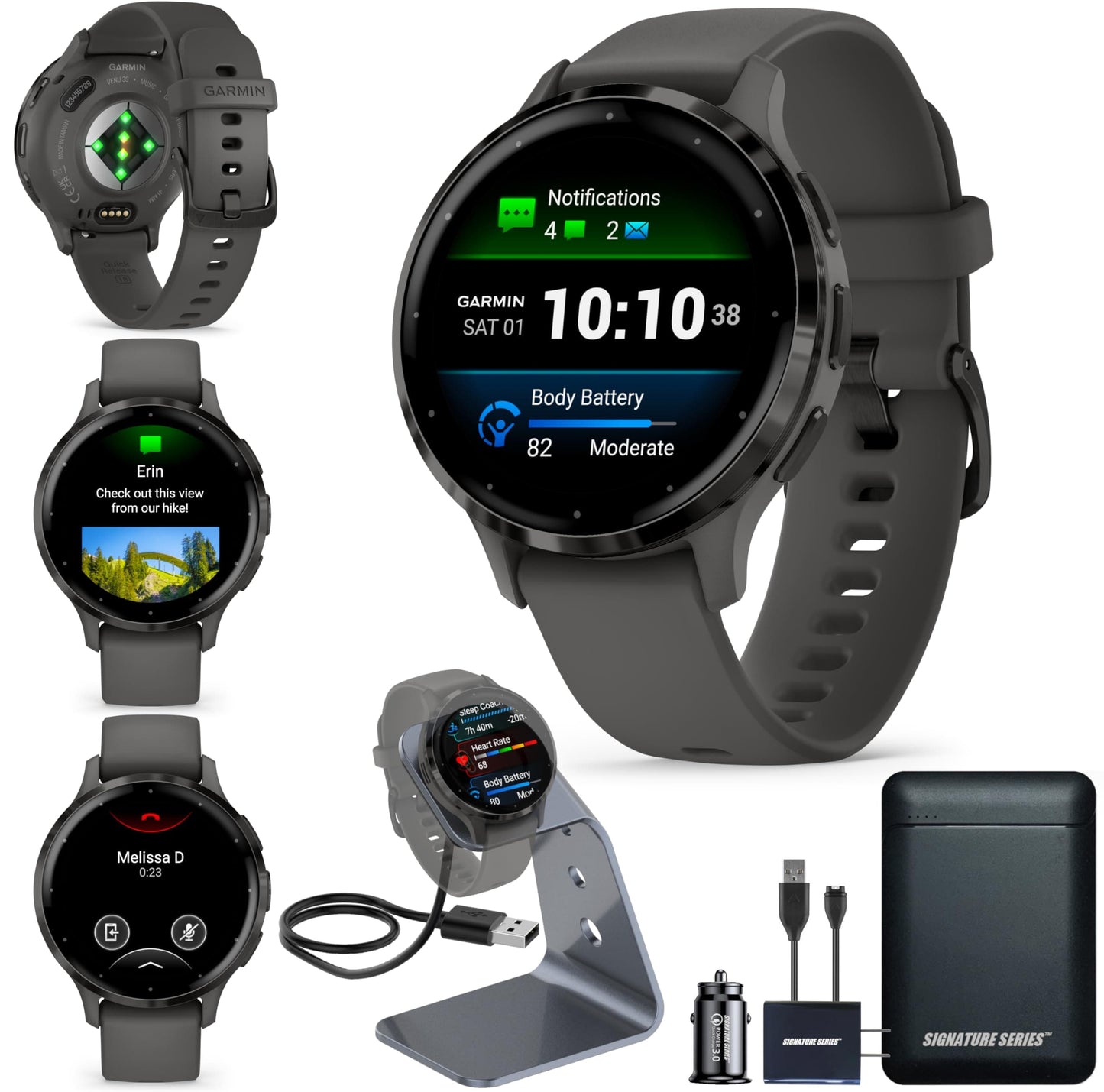 Garmin Venu 3, montre intelligente GPS avec écran AMOLED, noir | Fonctionnalités avancées de santé et de remise en forme, autonomie de la batterie jusqu'à 14 jours, surveillance de l'énergie de la batterie corporelle avec Signature Power Bundle 