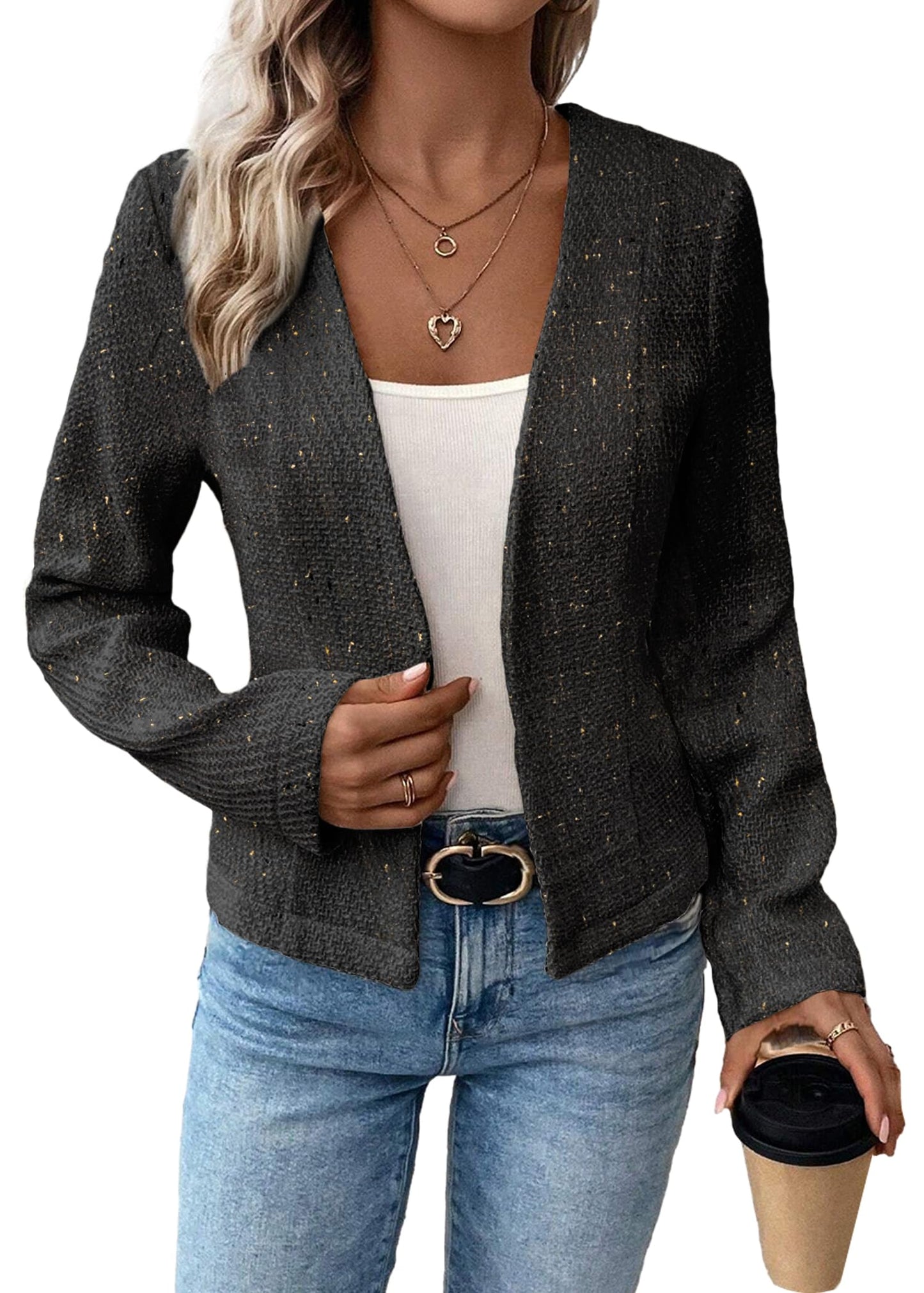 Mina Self 2024 Blazer corto sin cuello de verano, ligero, totalmente forrado, frente abierto, elegante, chaquetas de oficina de trabajo pequeñas 