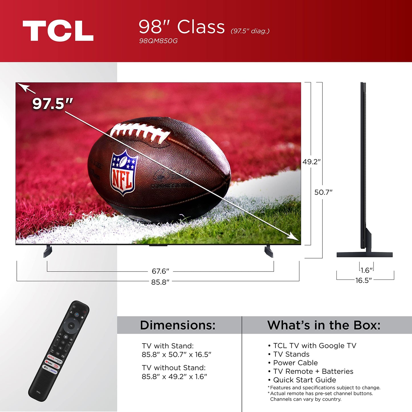 TCL 65 inches QM8 QLED 4K Smart Mini LED TV with Google (65QM850G, 2023 Model) Dolby Vision, Atmos, HDR Ultra, Game Accelerator up to 240Hz, Voice Remote, Works Alexa, Streaming Television, Black