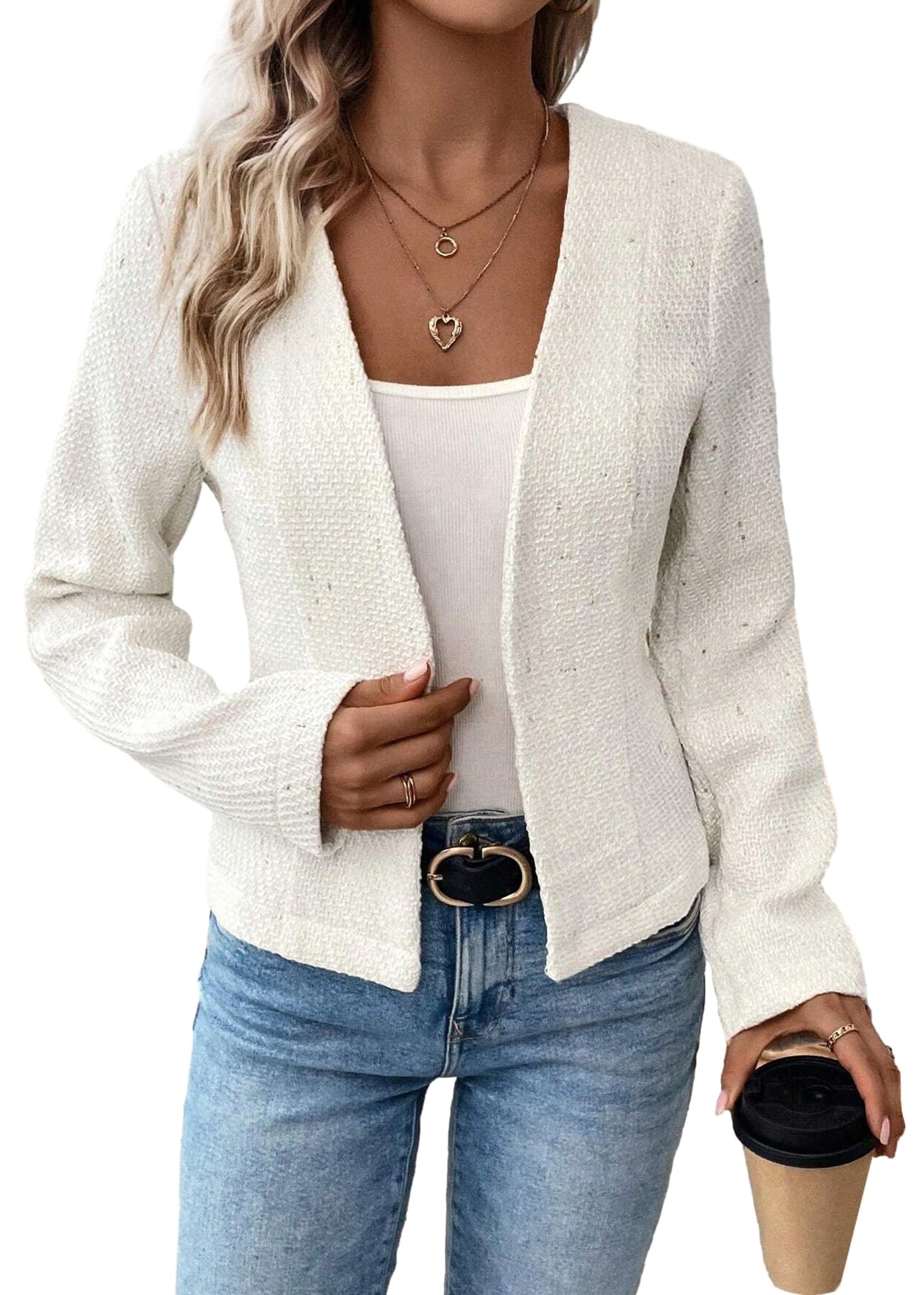 Mina Self 2024 Summer Cropped Collarless Blazer Lightweight Fully Lined Open Front Elegant Petite Work Office Jackets