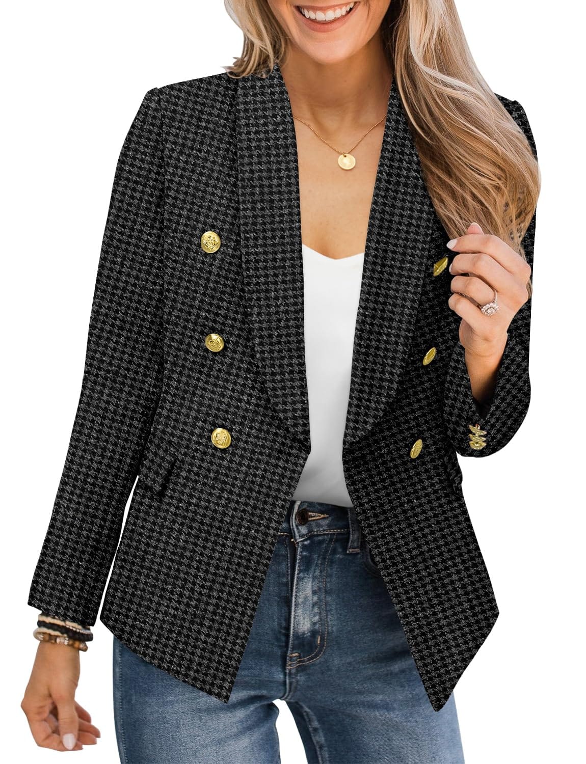 CRAZY GRID Veste blazer décontractée pour femme - Bouton doré - Manches longues - Bureau de travail - Revers ouvert sur le devant