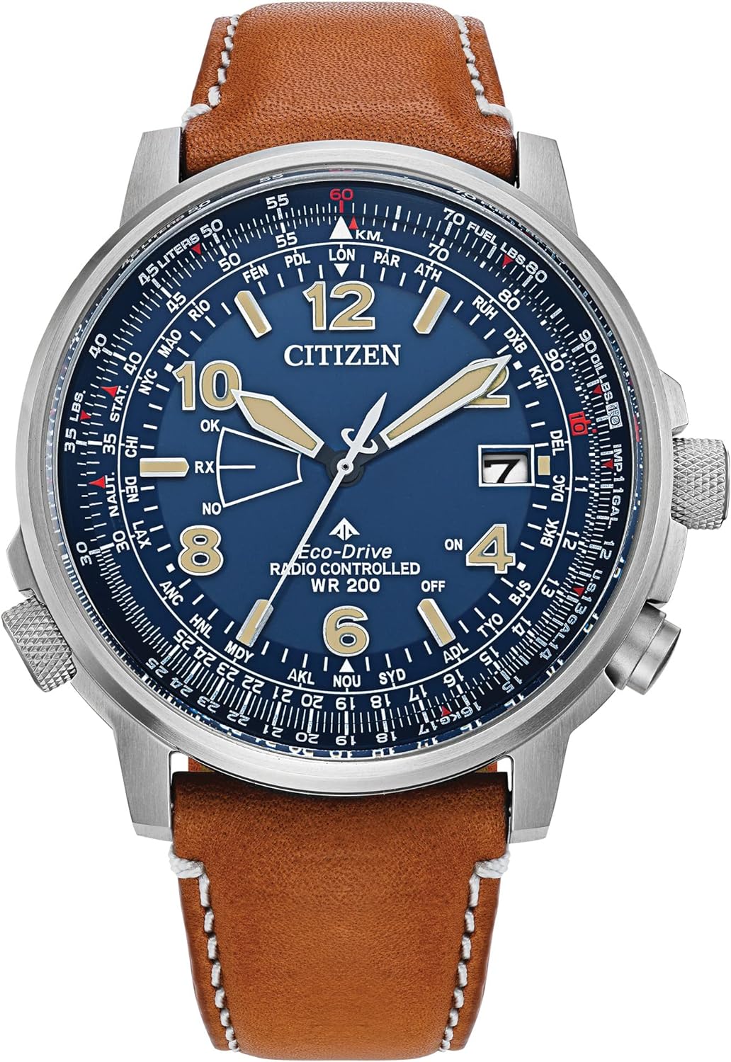 Reloj de cronometraje atómico Citizen Eco-Drive Promaster Air Skyhawk para hombre en súper titanio con correa de cuero marrón, esfera azul (Modelo: CB0241-00L) 