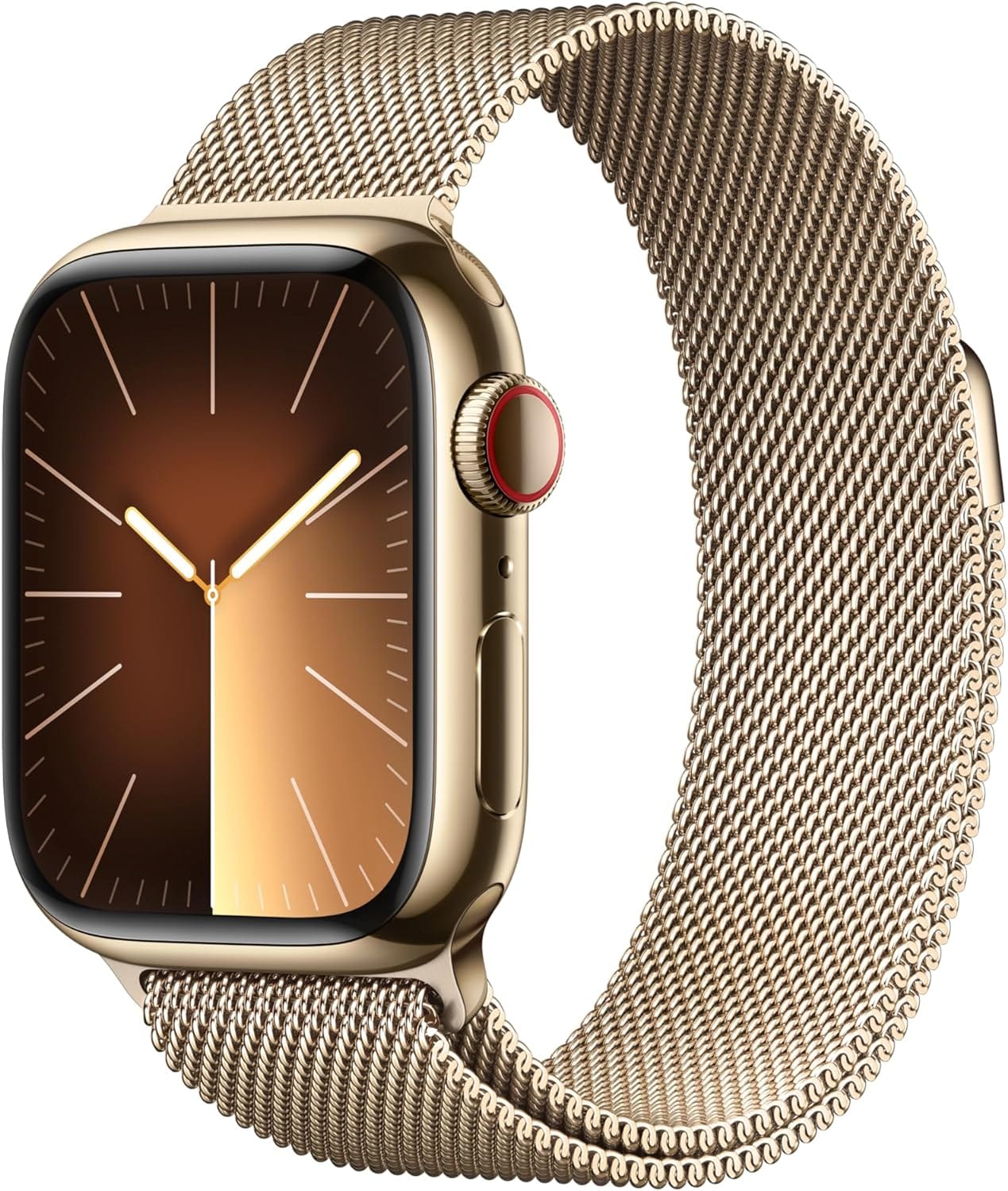 Montre intelligente Apple Watch Series 9 [GPS + Cellular 45 mm] avec boîtier en acier inoxydable doré et boucle milanaise dorée. Tracker d'activité, applications d'oxygène dans le sang et d'ECG, écran Retina toujours actif 