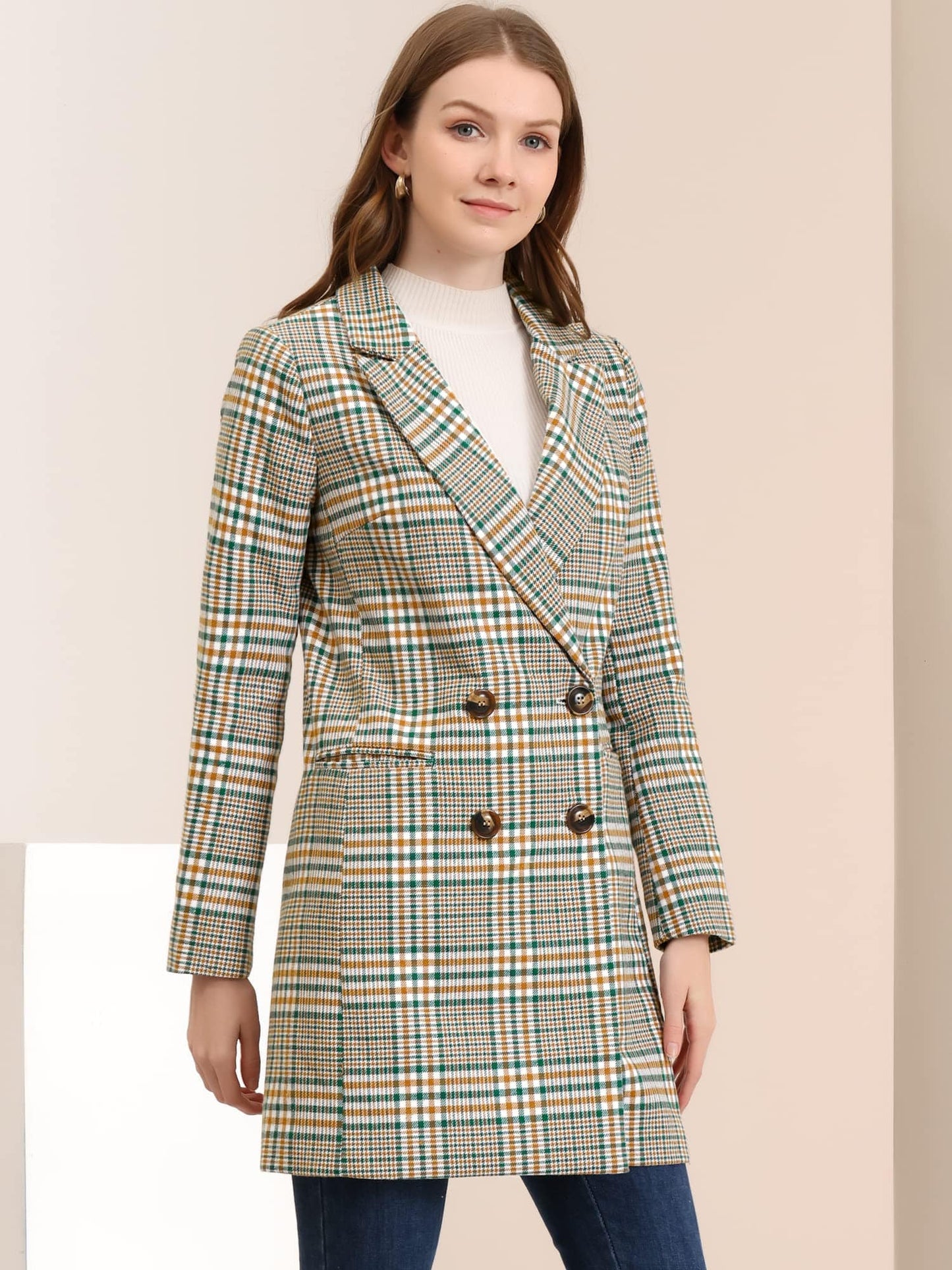 Allegra K Women's Double Breasted Notched Lapel Plaid Trench Blazer Coat