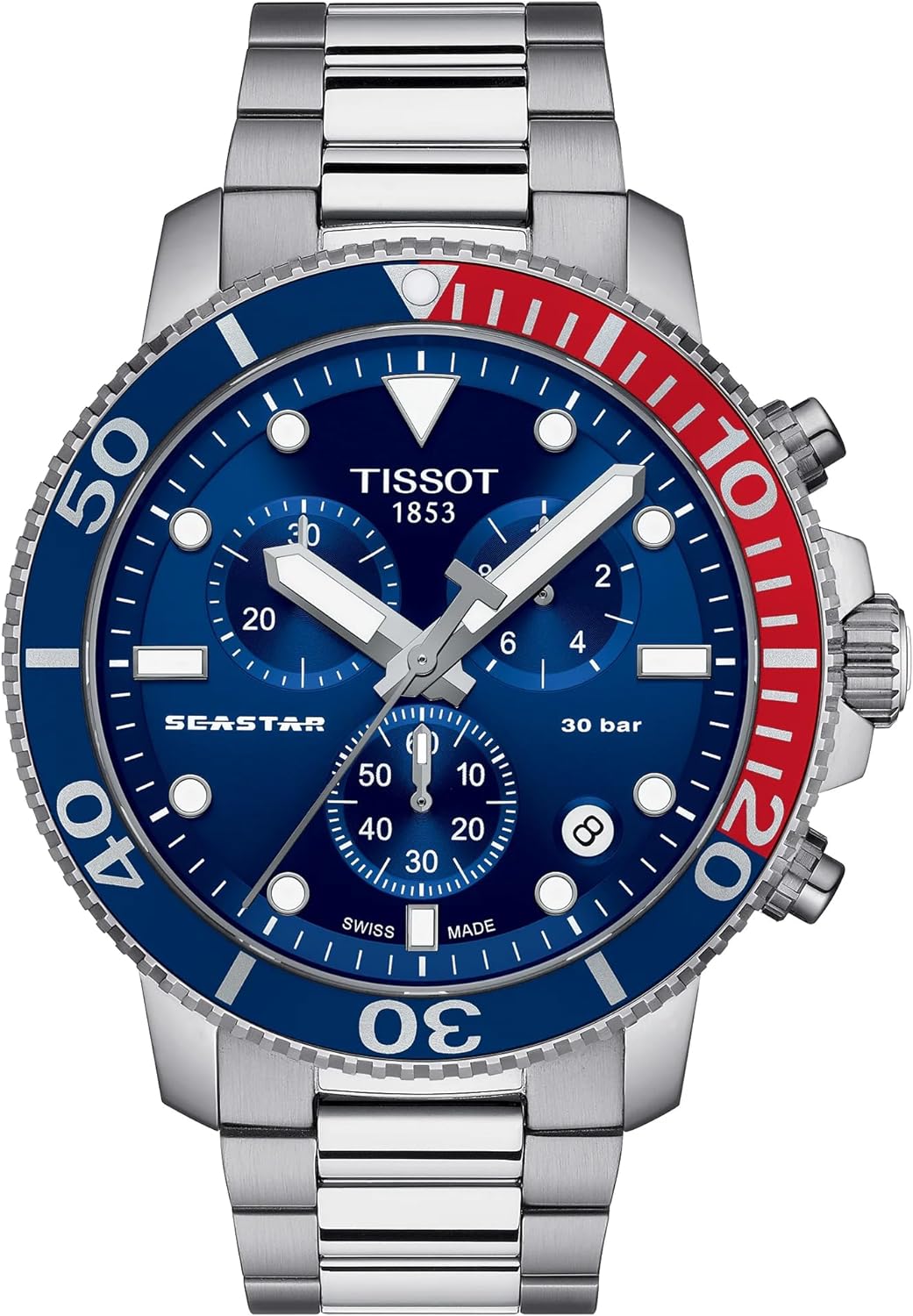 Tissot Mens Seastar 1000 Quartz Chronograph 316L Stainless Steel case Swiss Quartz Watch, Grey, Stainless Steel, 22 (T1204171104103)