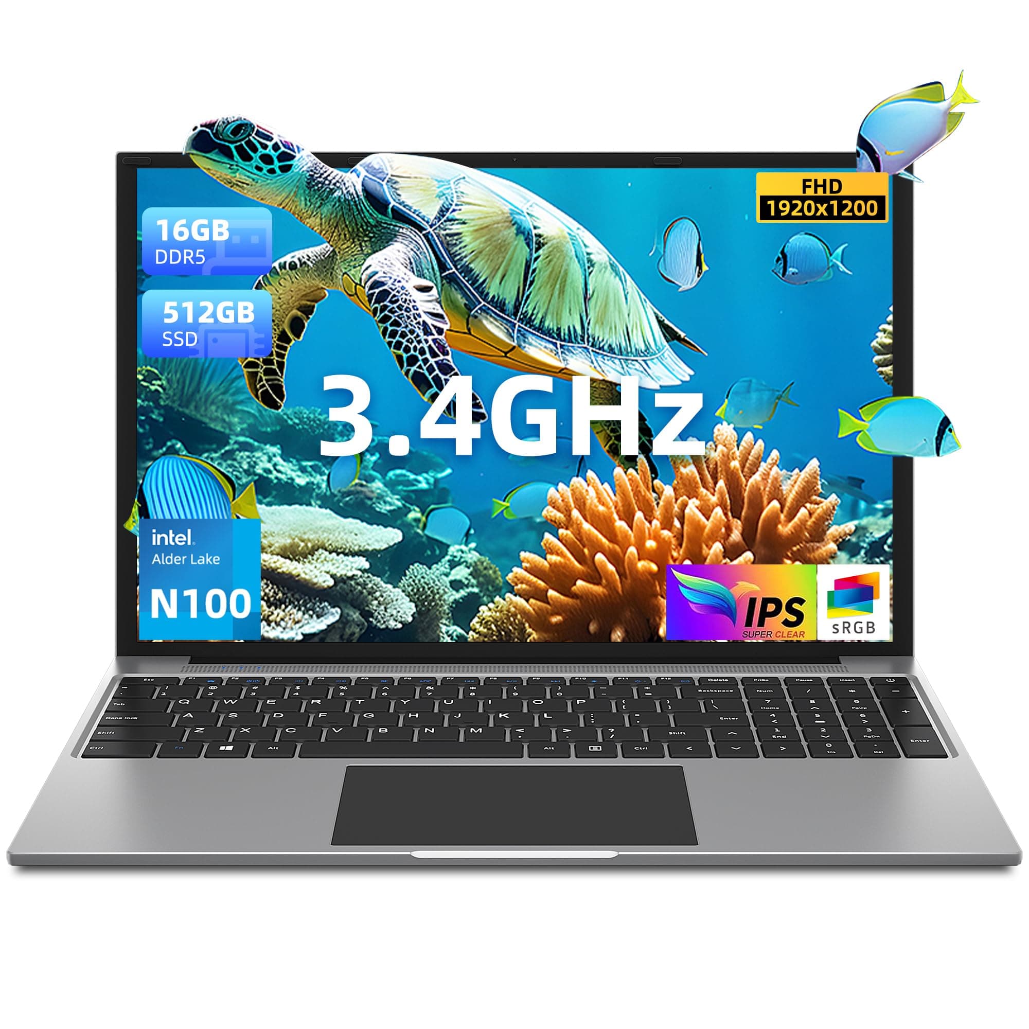 jumper Laptop, 16 Inch, Laptops Computer with 16GB DDR5 RAM 512GB SSD, Intel N100 CPU, FHD IPS 1920x1200 Display, 4 Stereo Speakers, Mini HDMi, Cooling System, Numeric Keypad, 2.4G+5G WiFi, BT4.0.