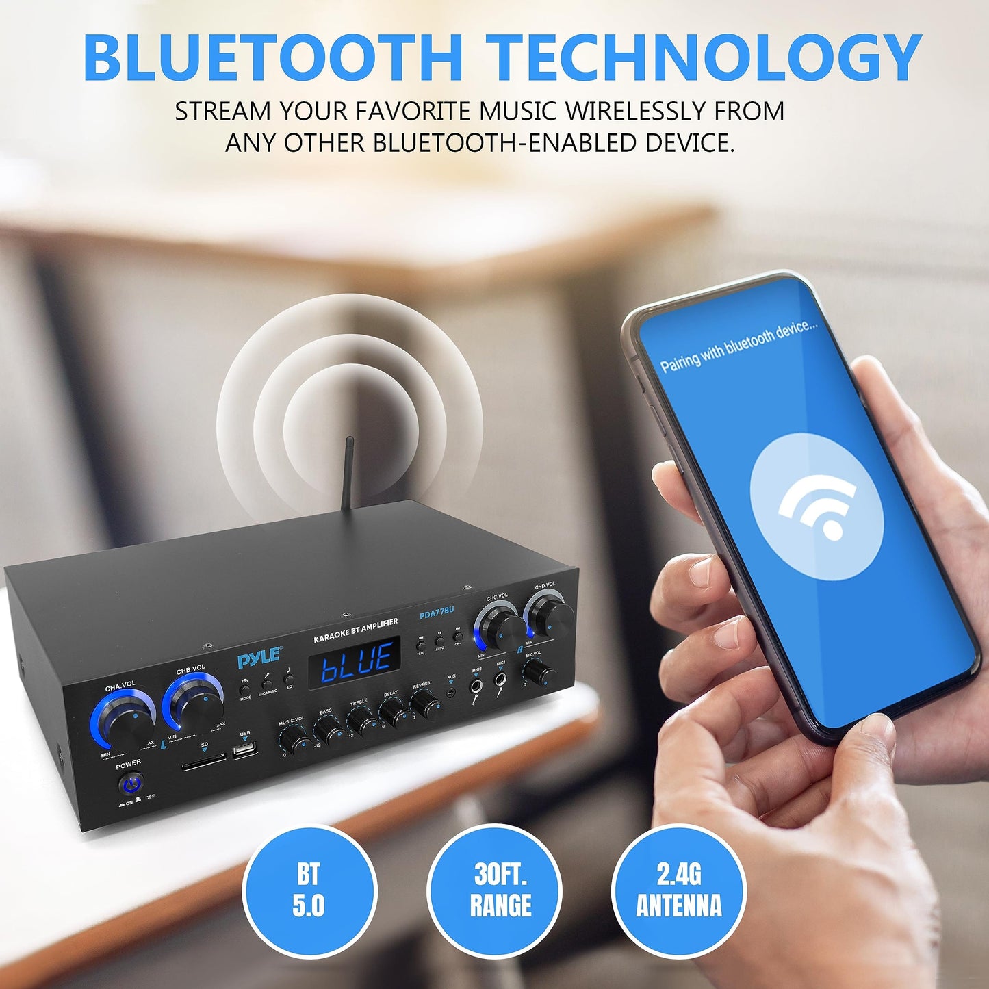 Pyle - Amplificador de audio para cine en casa con Bluetooth, receptor estéreo, sistema de sonido de 4 canales, 500 vatios, con MP3, USB, SD, AUX, RCA, FM, micrófono, auriculares, retardo de reverberación, volumen LED, para altavoces de hogar/estudio/cine 