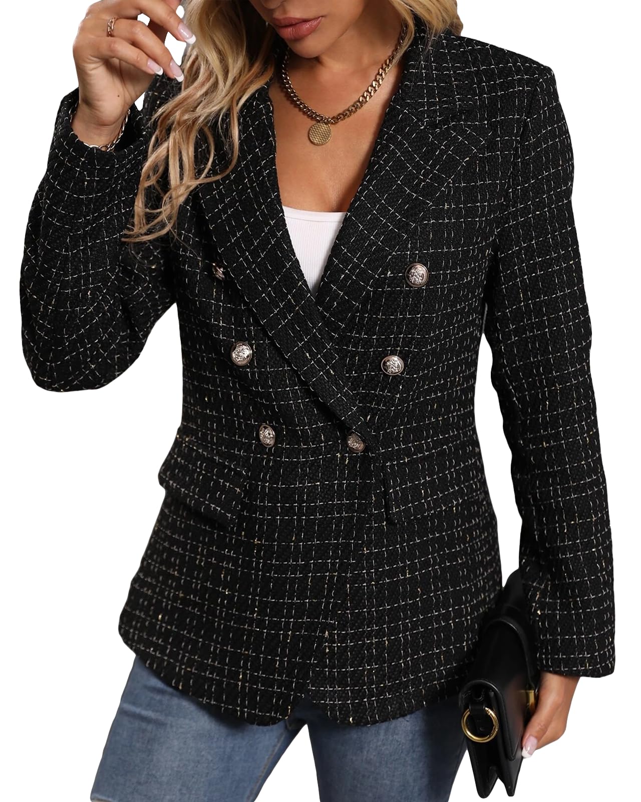 Womens Casual Blazer 2024 Spring Open Front Business Work Tweed Plaid Jacket Suit Pocket (S-XXL)