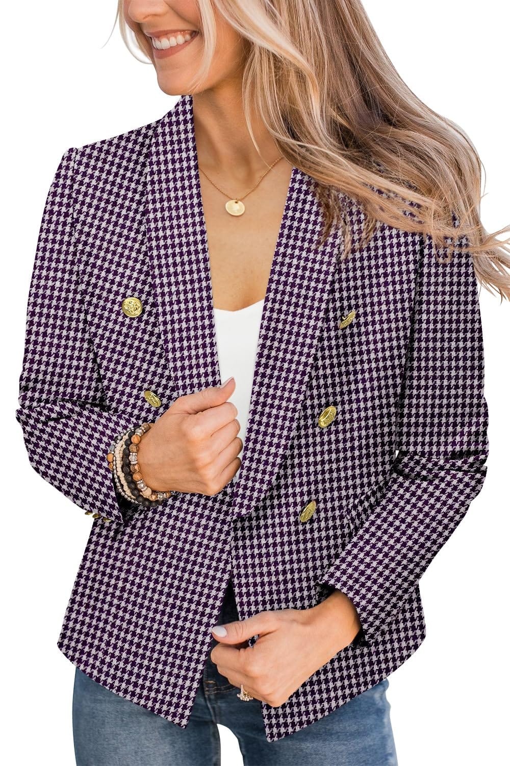 CRAZY GRID Womens Casual Blazer Jacket Gold Button Long Sleeve Work 0ffice Blazer Lapel Open Front Jacket