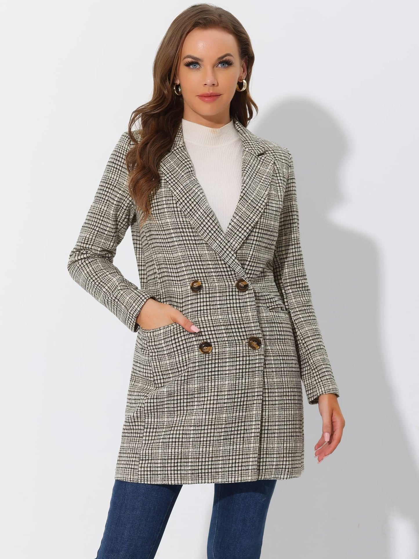 Allegra K Women's Double Breasted Notched Lapel Plaid Trench Blazer Coat