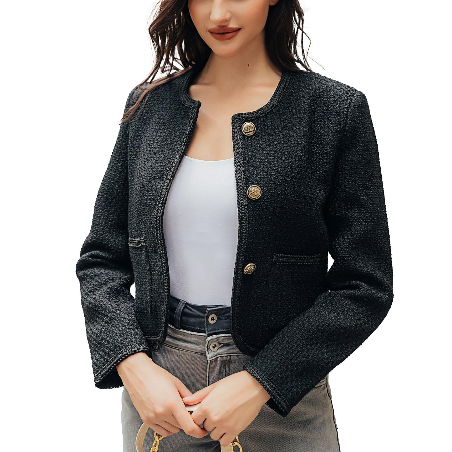 URBAN REVIVO Chaqueta tipo blazer informal de tweed para mujer, chaqueta recortada con botones dorados y frente abierto para oficina 