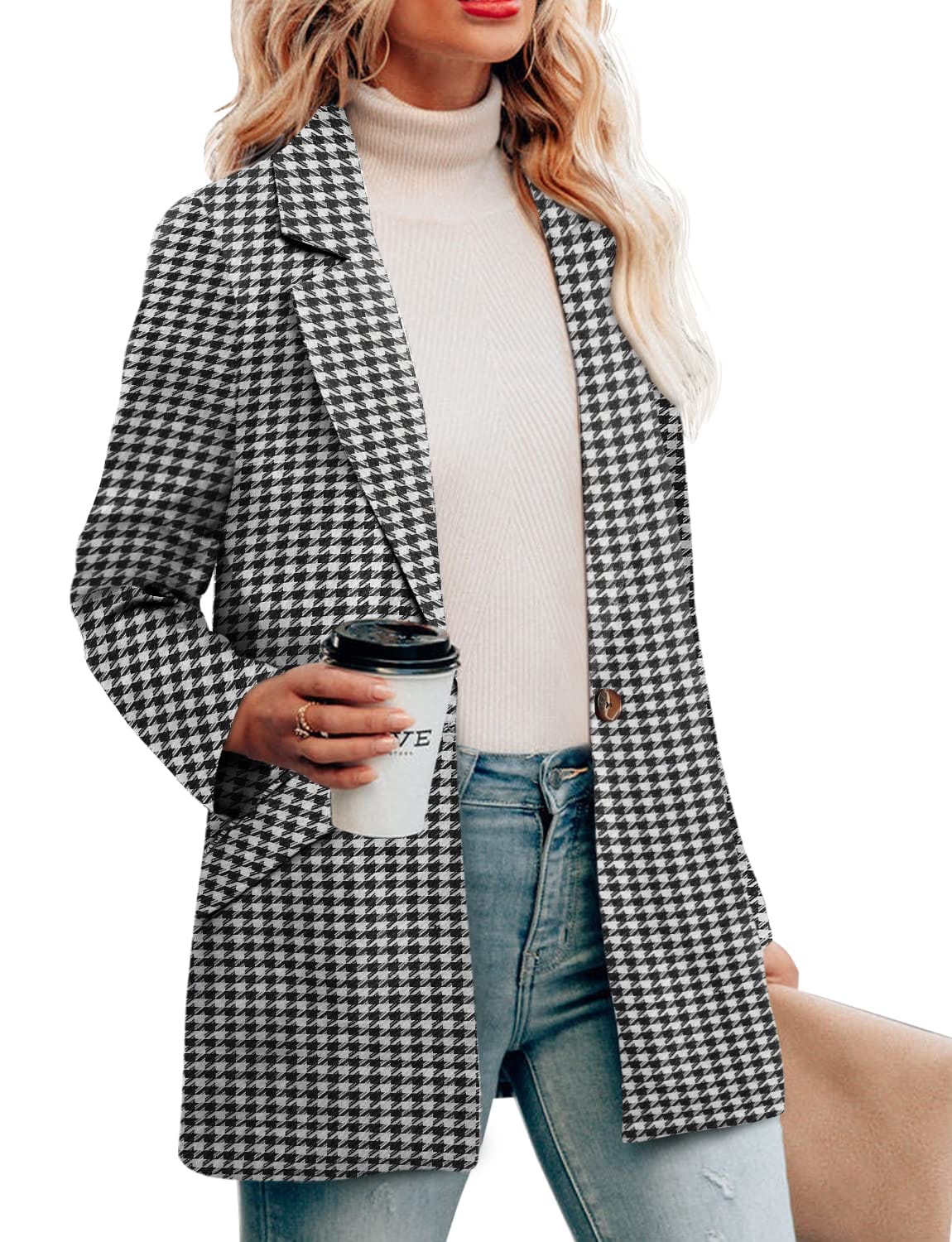 CRAZY GRID Chaqueta casual para mujer, de manga larga, con frente abierto, para trabajo, oficina, chaqueta con botones de solapa