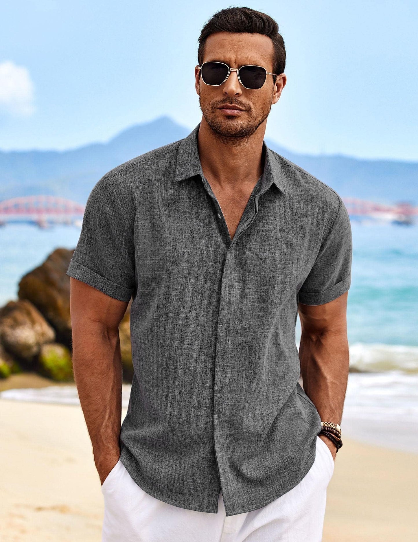 COOFANDY Men's Linen Shirts Short Sleeve Casual Shirts Button Down Shirt for Men Beach Summer Wedding Shirt