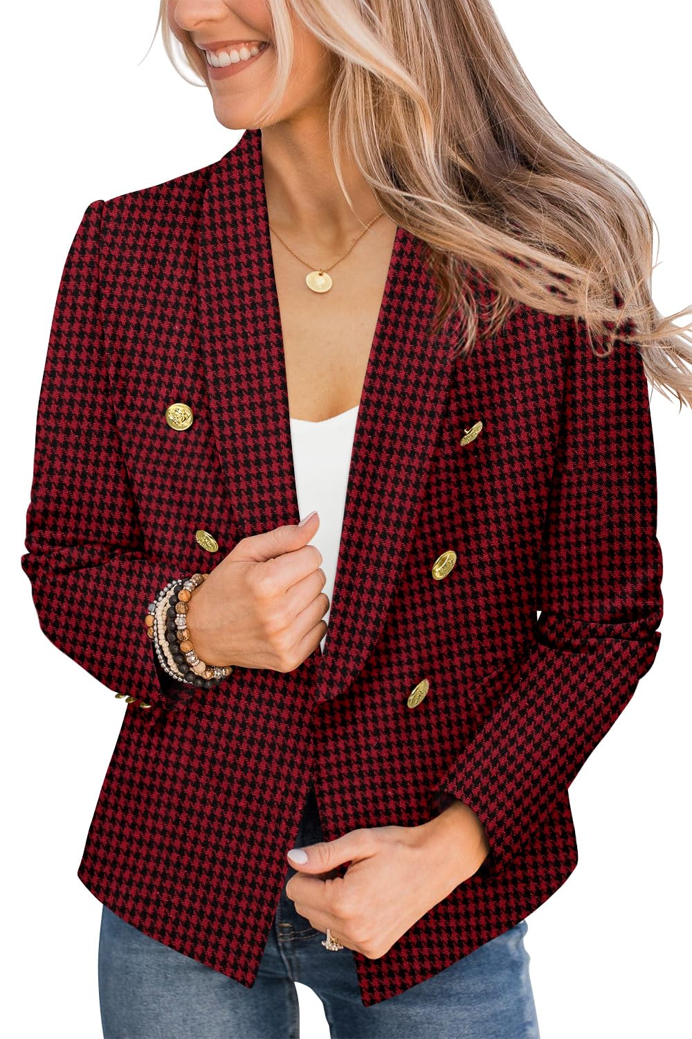 CRAZY GRID Chaqueta casual para mujer con botones dorados, manga larga, para trabajo, oficina, solapa, frente abierto