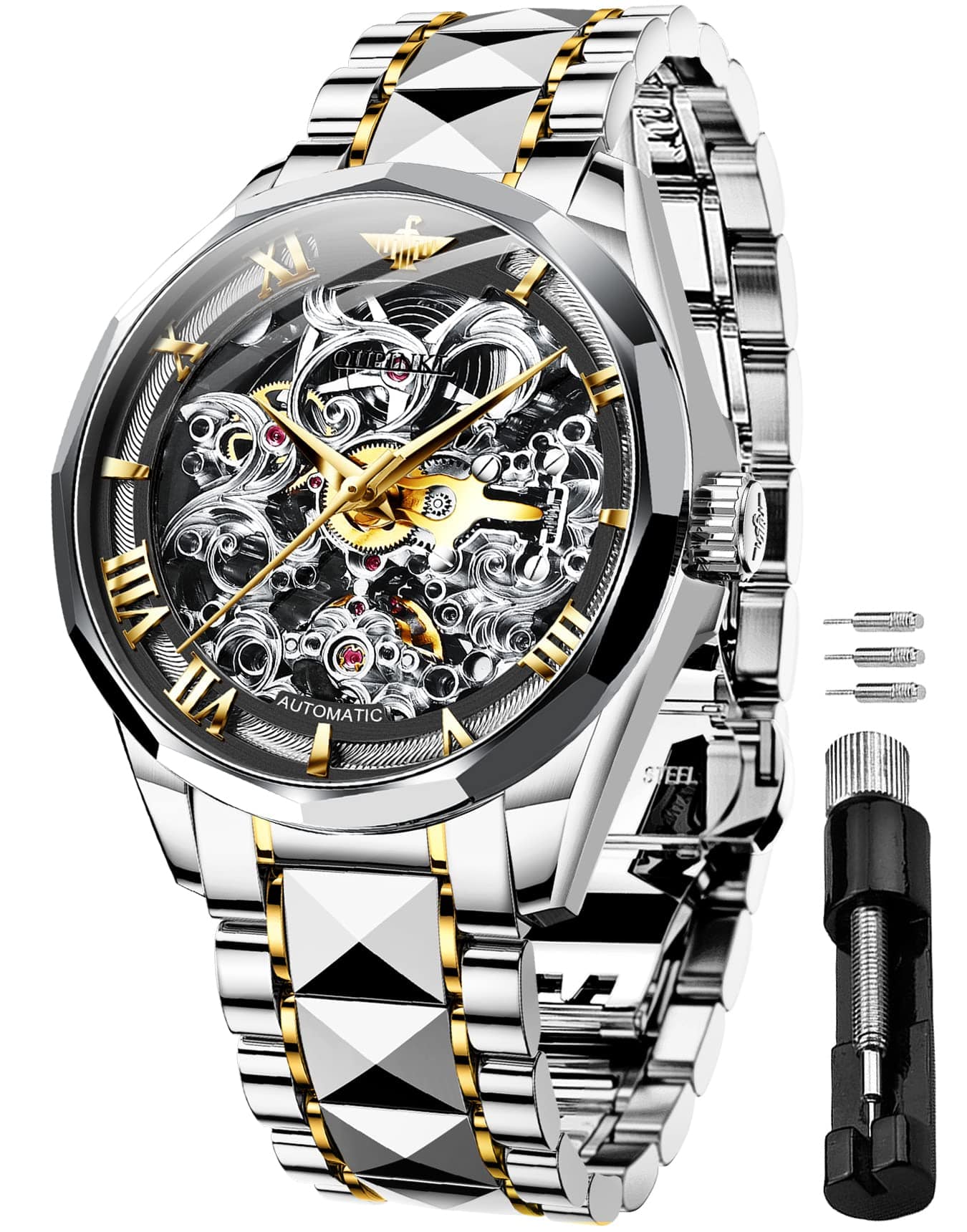 OUPINKE Men's Skeleton Mechanical Watches Luxury Dress Automatic Self Winding Sapphire Crystal Waterproof Tungsten Steel Band Wrist Watches