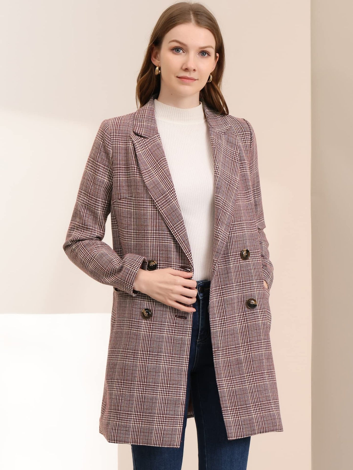 Allegra K Women's Double Breasted Notched Lapel Plaid Trench Blazer Coat