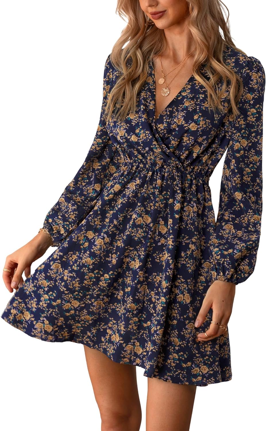 CUPSHE Womens V Neck Floral Mini Dress Long Sleeve A Line Surplice Xpress