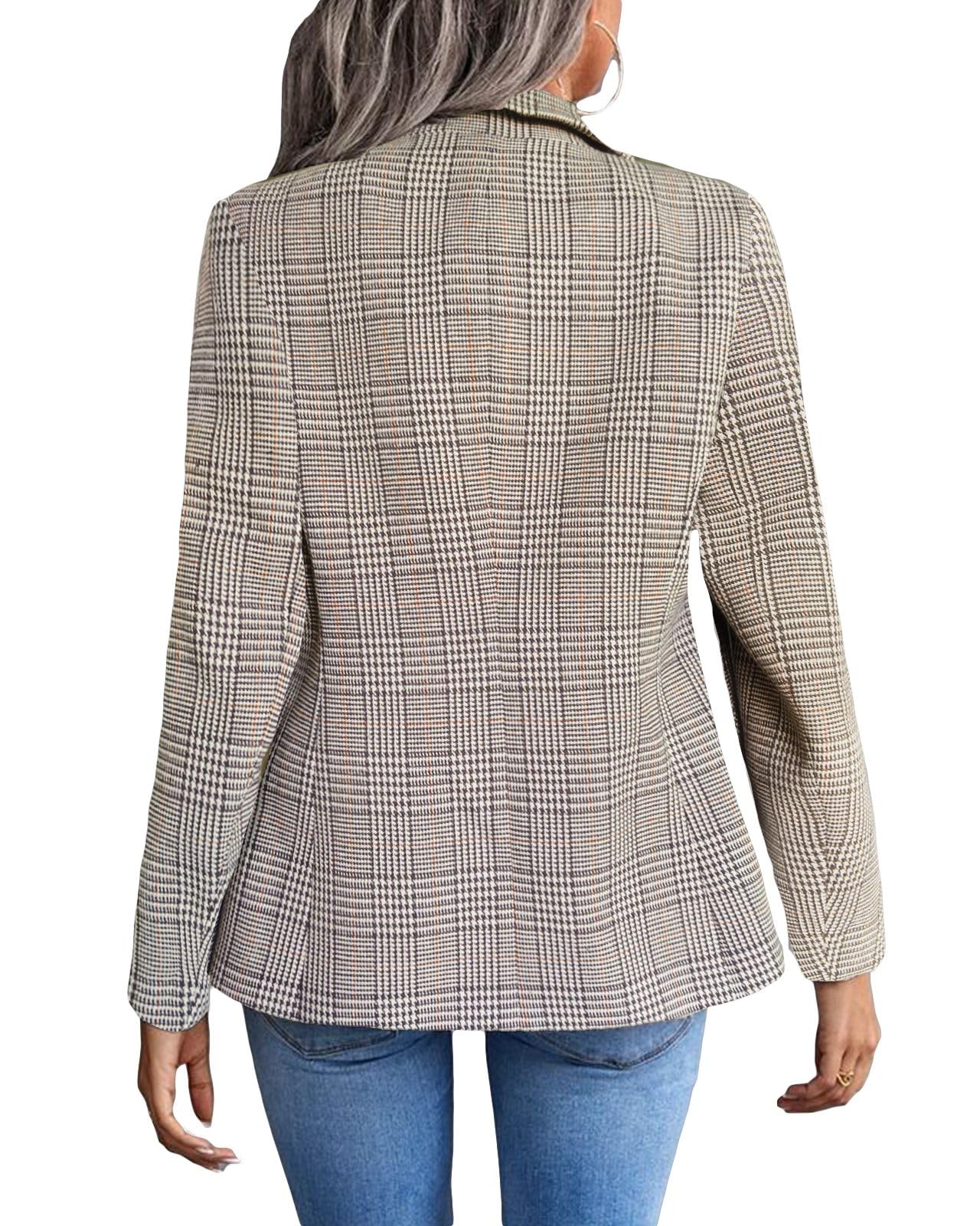 Womens Casual Blazer 2024 Spring Open Front Business Work Tweed Plaid Jacket Suit Pocket (S-XXL)