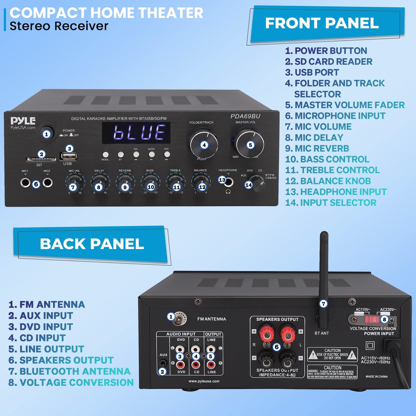 Pyle PDA69BU - Amplificador de audio para el hogar con Bluetooth, estéreo, 300 W, sistema de audio de sonido de doble canal con MP3, USB, SD, AUX, RCA, micrófono, auriculares, FM, LED, retardo de reverberación, para altavoces de cine en casa, estudio 