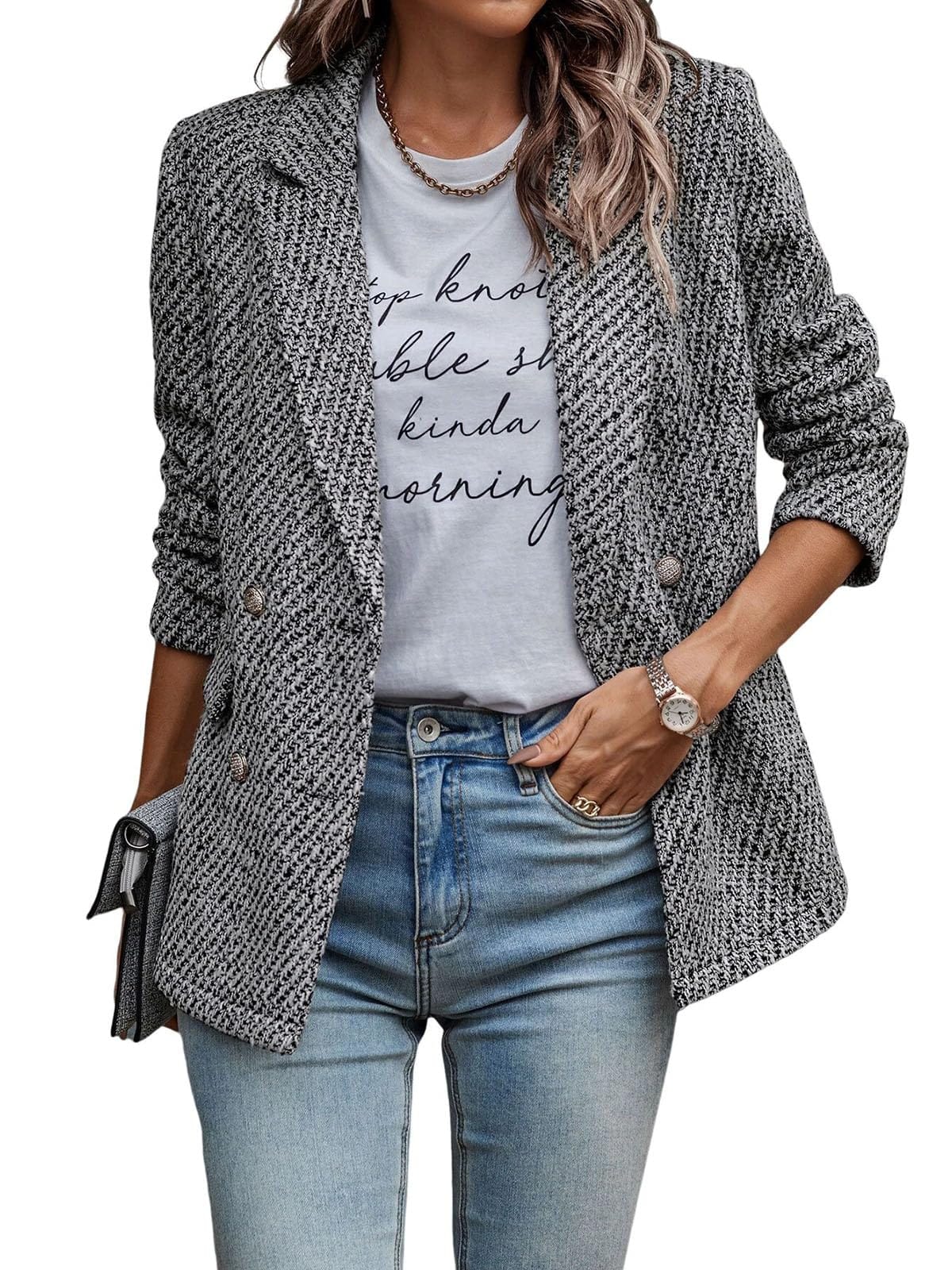 Tweed Jacket Women Long Sleeve Open Front Double Breasted Casual Work Office Blazer Jackets with Pockets