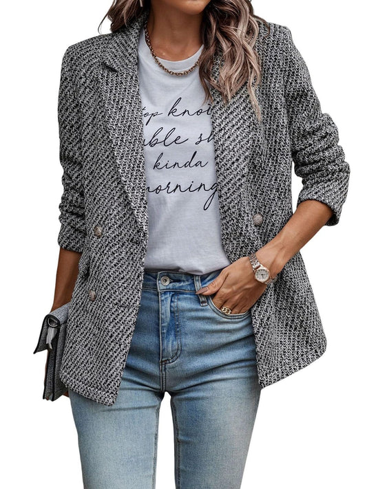 Chaqueta de tweed para mujer, manga larga, frente abierto, doble botonadura, informal, para trabajo, oficina, chaquetas con bolsillos 