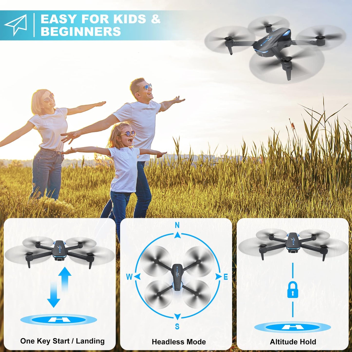 Drone avec caméra 1080P pour débutants et enfants, quadrirotor télécommandé pliable avec commande vocale, gestes selfie, maintien d'altitude, démarrage à une touche, flips 3D, 2 batteries, jouets cadeaux pour garçons filles 