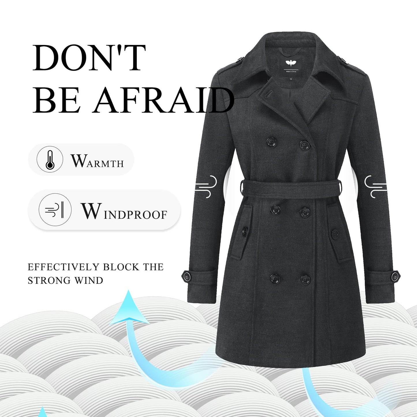 GGleaf Women's Classic Double Breasted Pea Coat Winter Mid-Long Slim Trench Coat with Belt