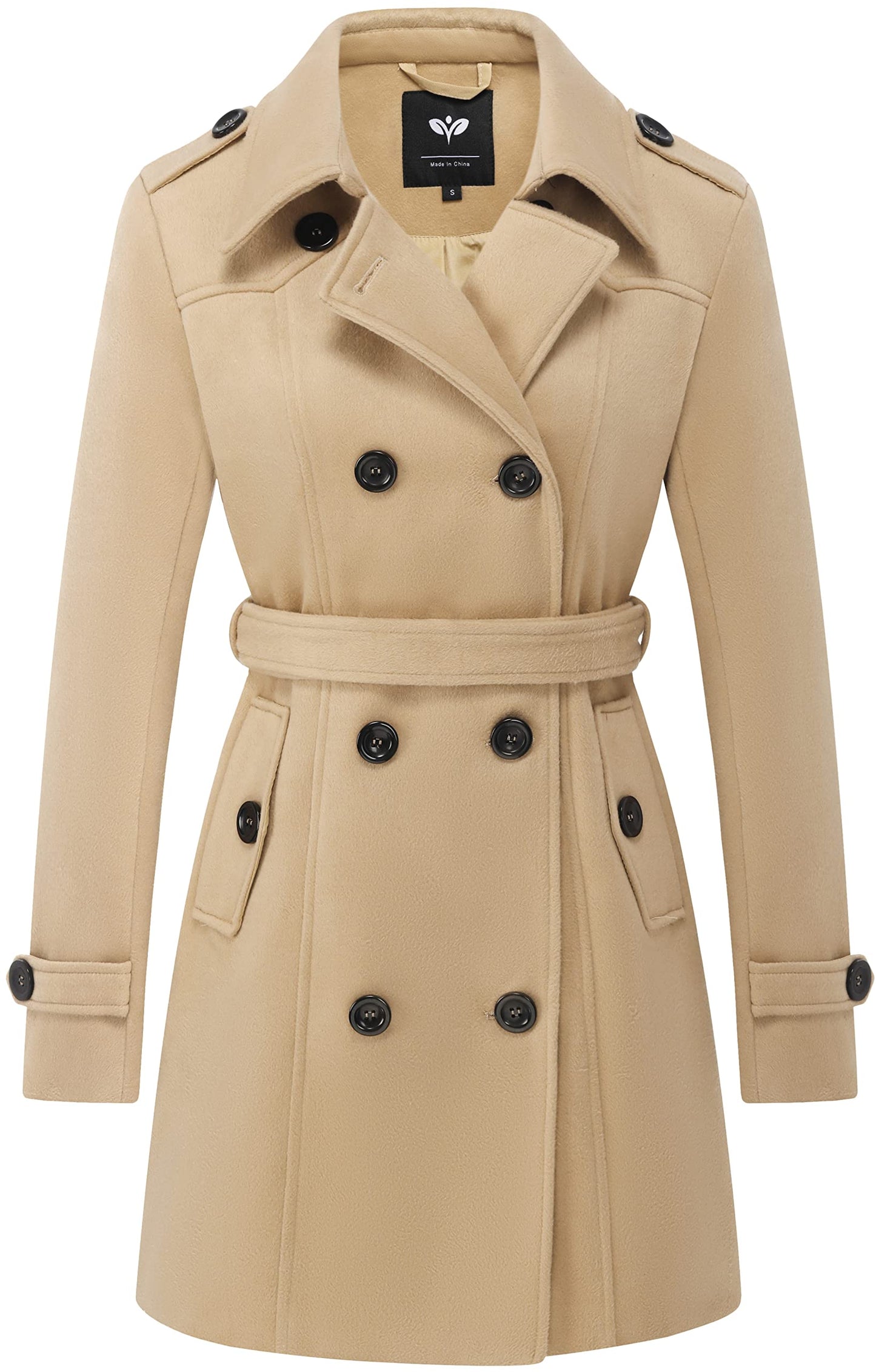 GGleaf Women's Classic Double Breasted Pea Coat Winter Mid-Long Slim Trench Coat with Belt