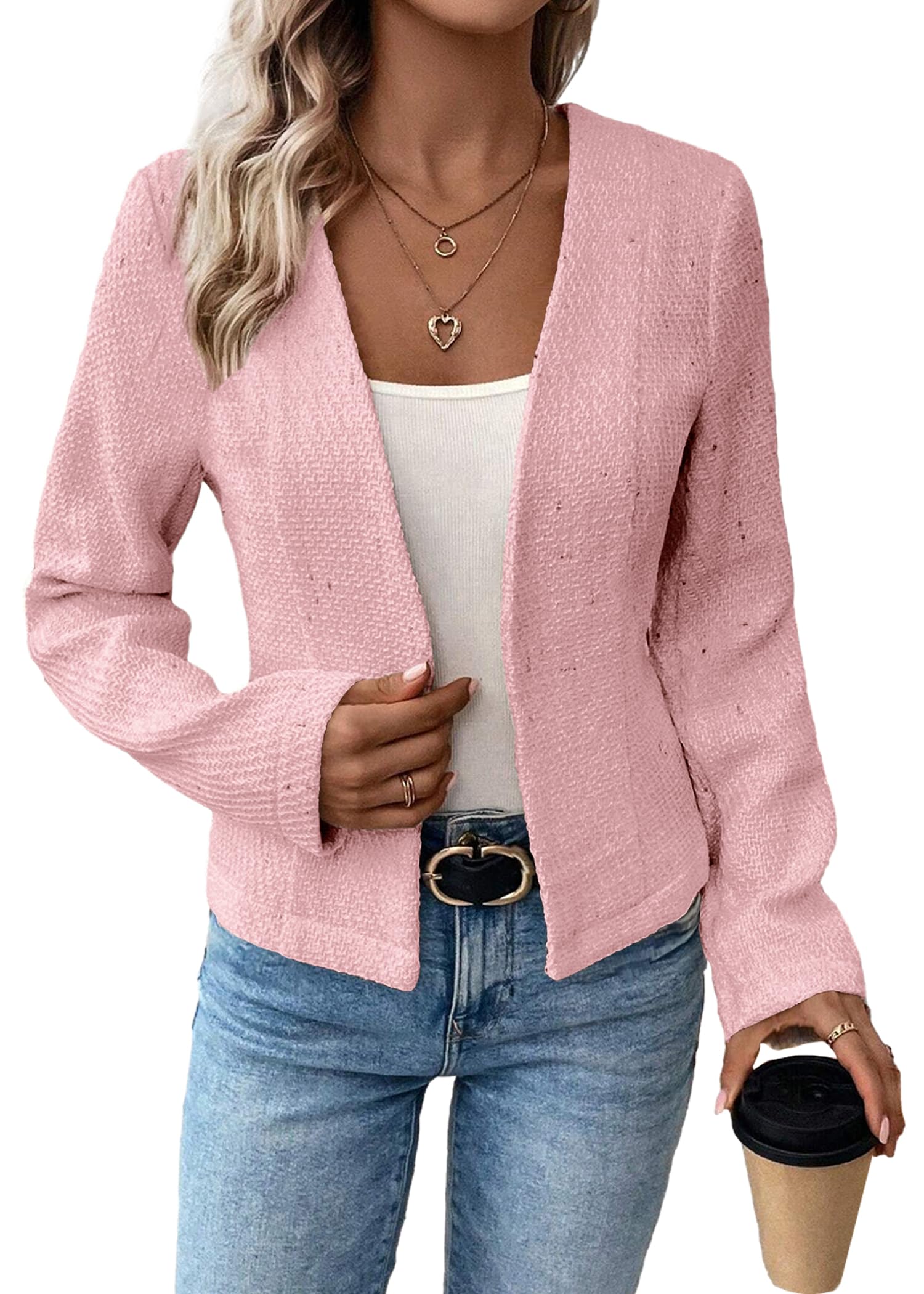 Mina Self 2024 Summer Cropped Collarless Blazer Lightweight Fully Lined Open Front Elegant Petite Work Office Jackets