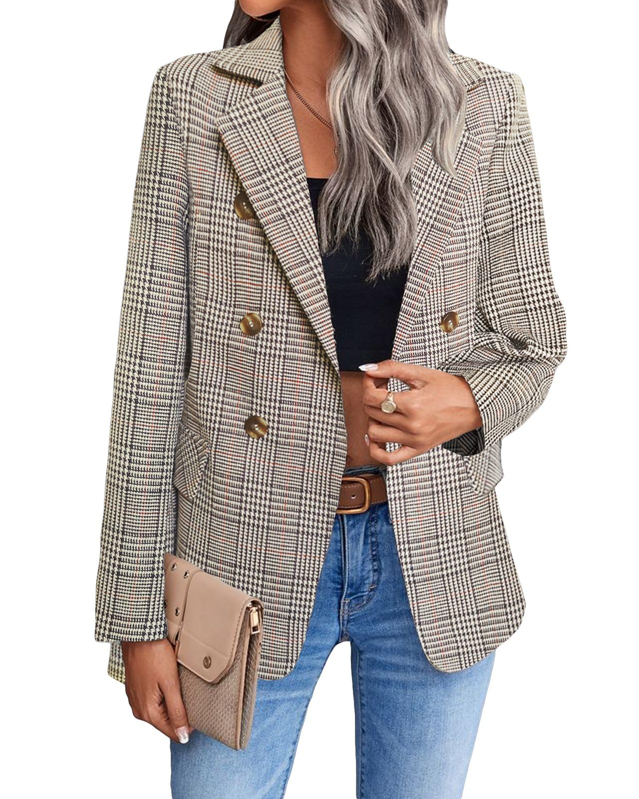 Womens Casual Blazer 2024 Spring Open Front Business Work Tweed Plaid Jacket Suit Pocket (S-XXL)