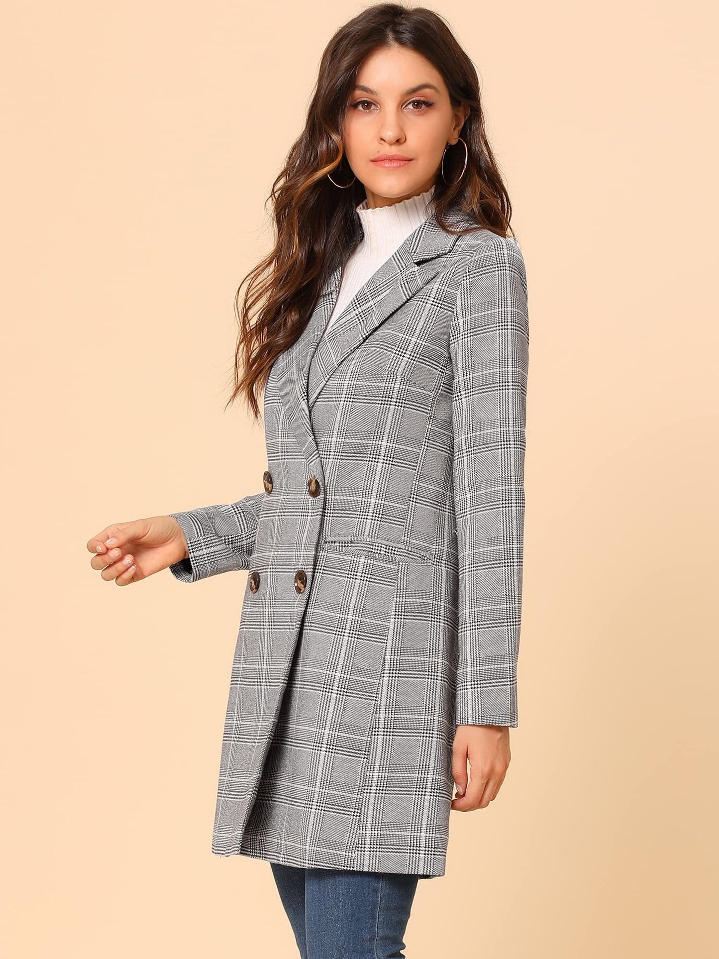 Allegra K Women's Double Breasted Notched Lapel Plaid Trench Blazer Coat