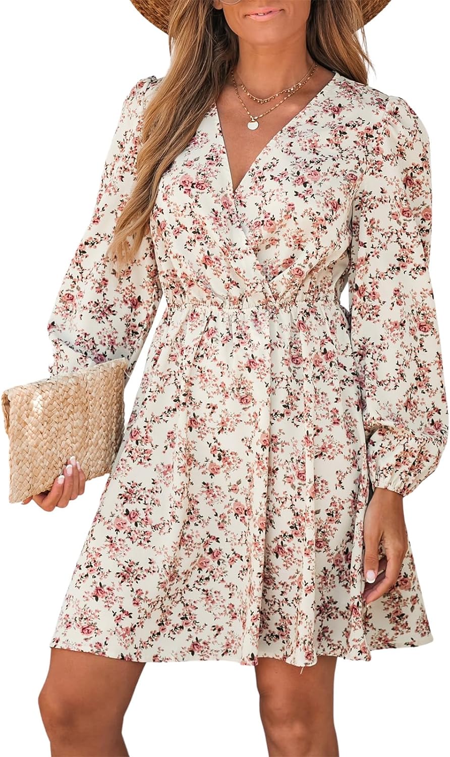 CUPSHE Womens V Neck Floral Mini Dress Long Sleeve A Line Surplice Xpress