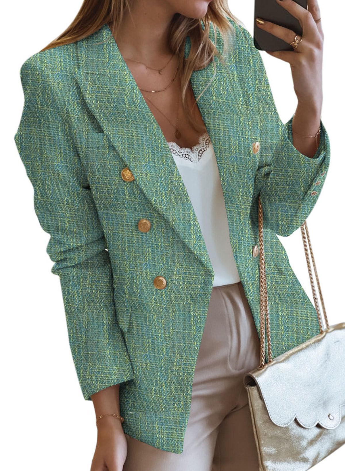 Happy Sailed Blazers de Tweed para Mujer Casual Manga Larga Doble Botonadura Frente Abierto Blazer Chaquetas Trajes de Trabajo 