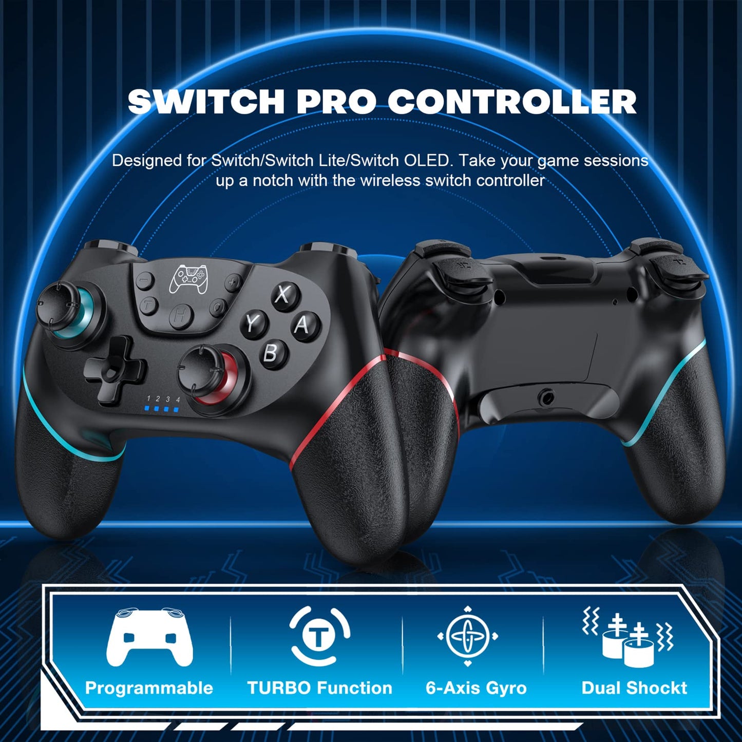 Diswoe Contrôleur sans fil amélioré pour Switch/Lite/OLED Pro Contrôleur pour Switch Remote Joystick Gamepad Prend en charge le réveil, l'axe gyroscopique, le turbo, la double vibration et la fonction de capture d'écran 