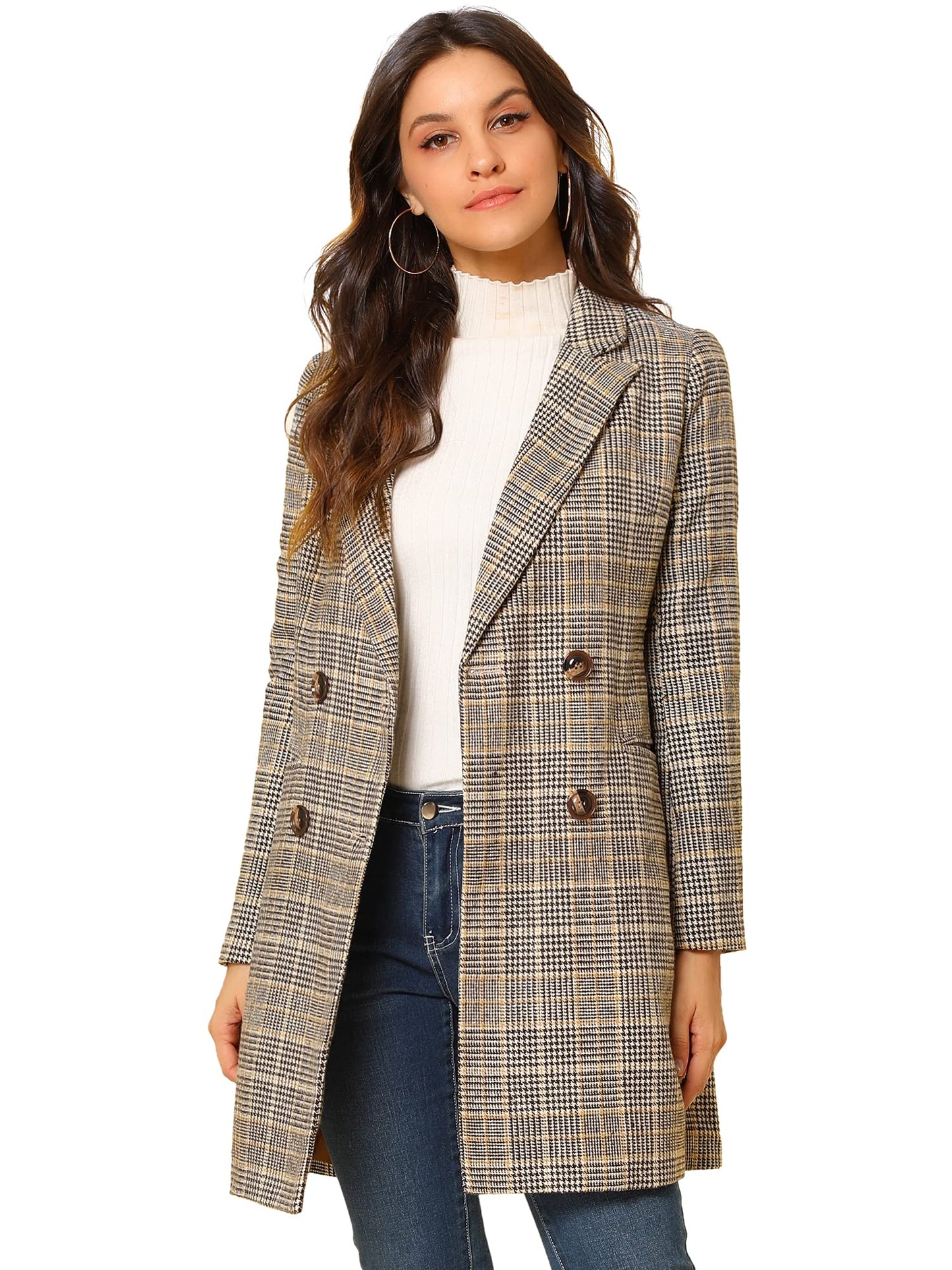 Allegra K Women's Double Breasted Notched Lapel Plaid Trench Blazer Coat