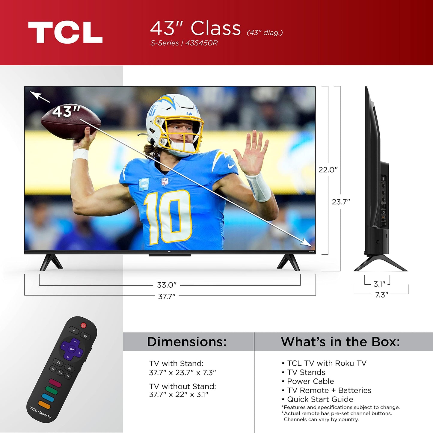 TCL 50-Inch Class S4 4K LED Smart TV with Roku TV (50S450R, 2023 - Model), Dolby Vision, HDR, Dolby Atmos, Works with Alexa, Google Assistant and Apple HomeKit Compatibility, Streaming UHD Television