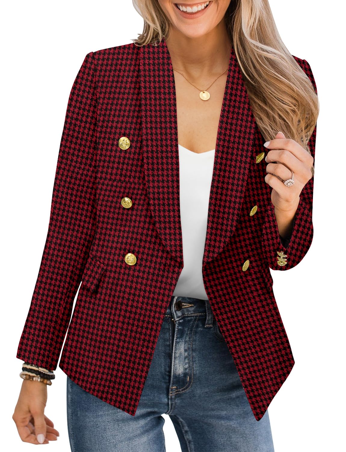 CRAZY GRID Veste blazer décontractée pour femme - Bouton doré - Manches longues - Bureau de travail - Revers ouvert sur le devant