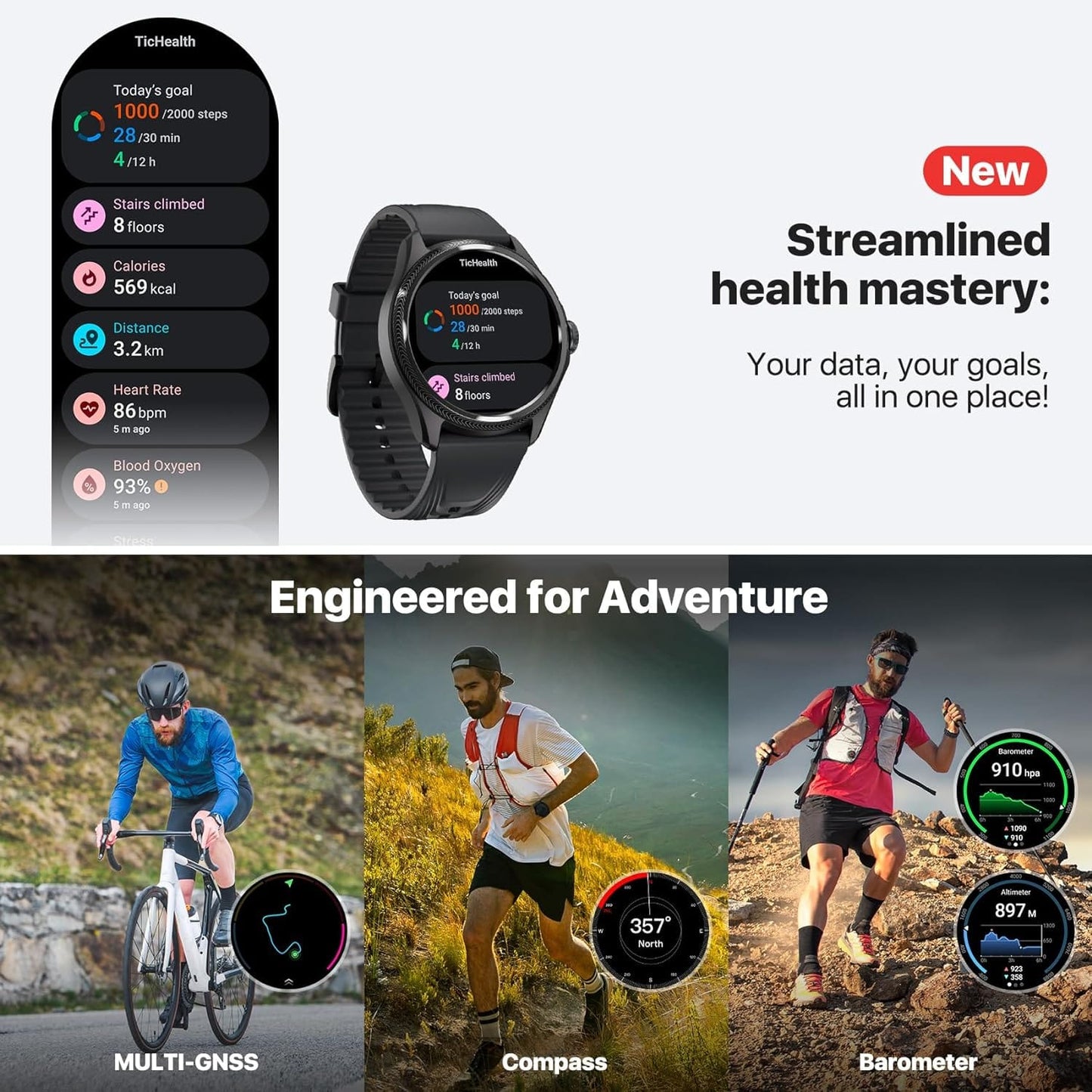 Montre connectée Ticwatch Pro 5 Enduro pour hommes, 1,43 pouces, Android Wear OS, batterie de 90 heures, plus de 110 modes d'entraînement, fréquence cardiaque 7/24, moniteur d'activité physique, extérieur, boussole GPS 5 ATM, compatible Android uniquement 